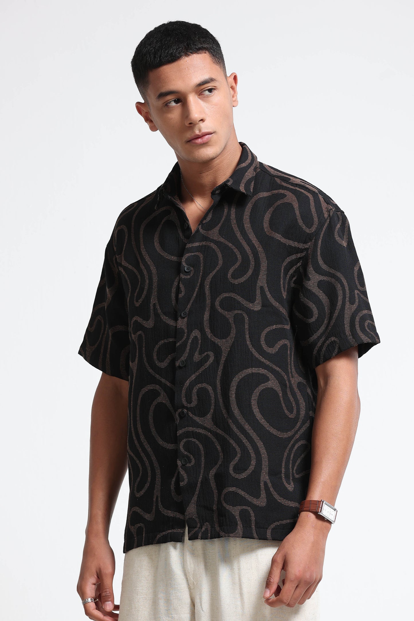 Beige Black Jacquard Boxy Fit Shirt