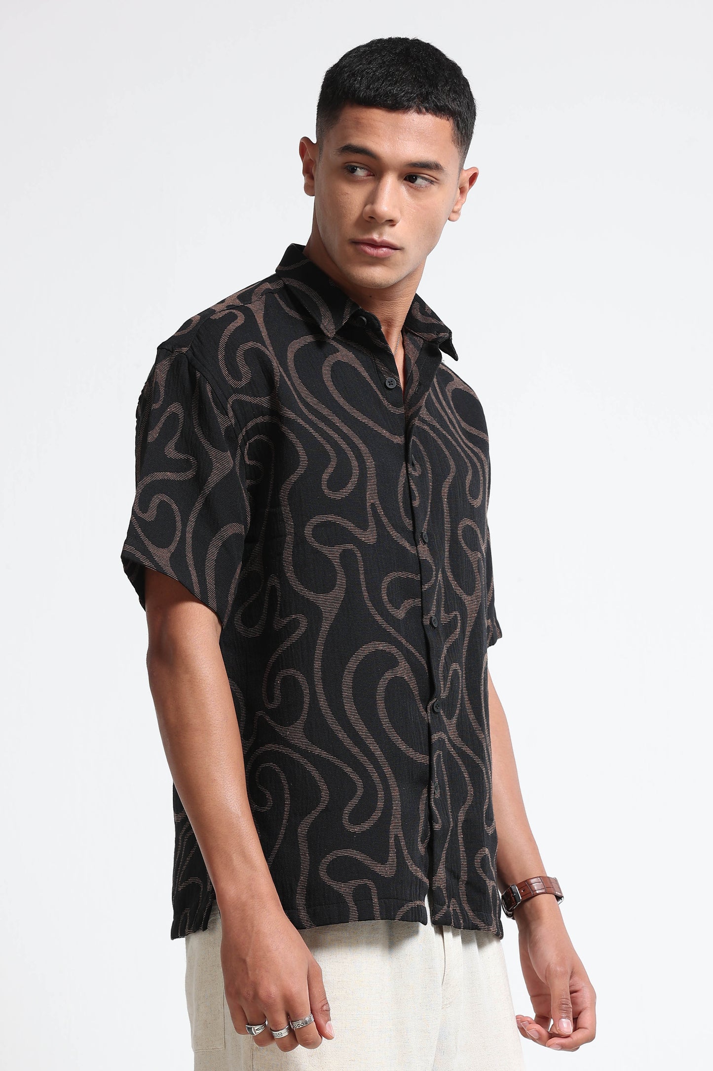 Beige Black Jacquard Boxy Fit Shirt