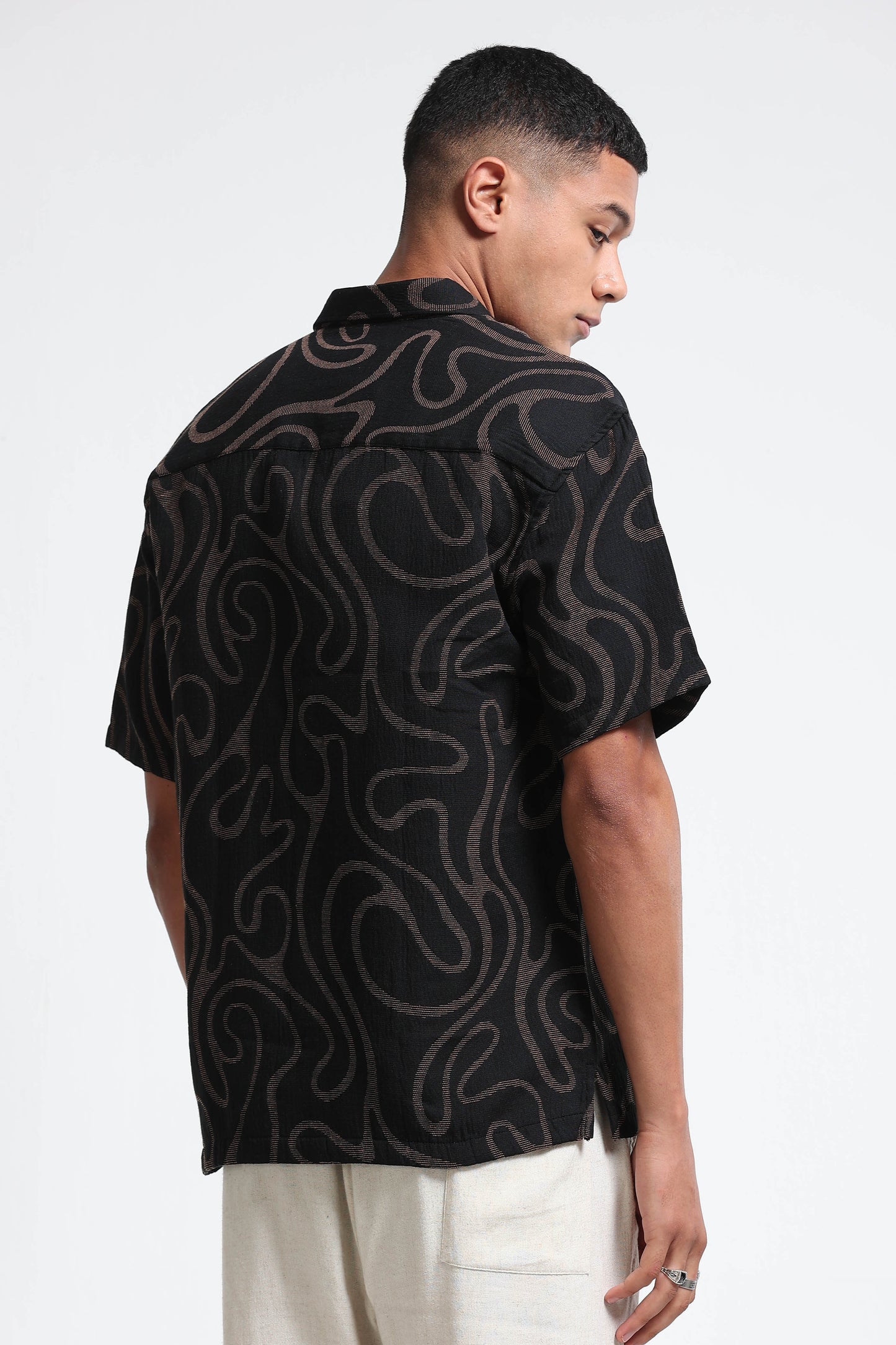 Beige Black Jacquard Boxy Fit Shirt