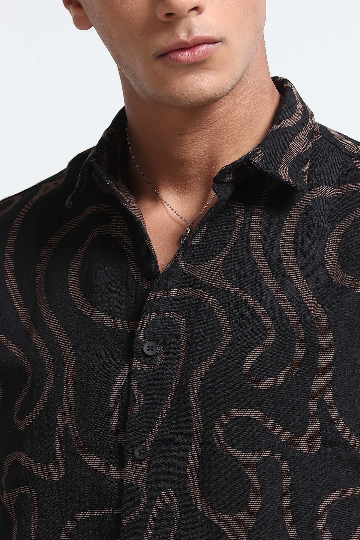 Beige Black Jacquard Boxy Fit Shirt