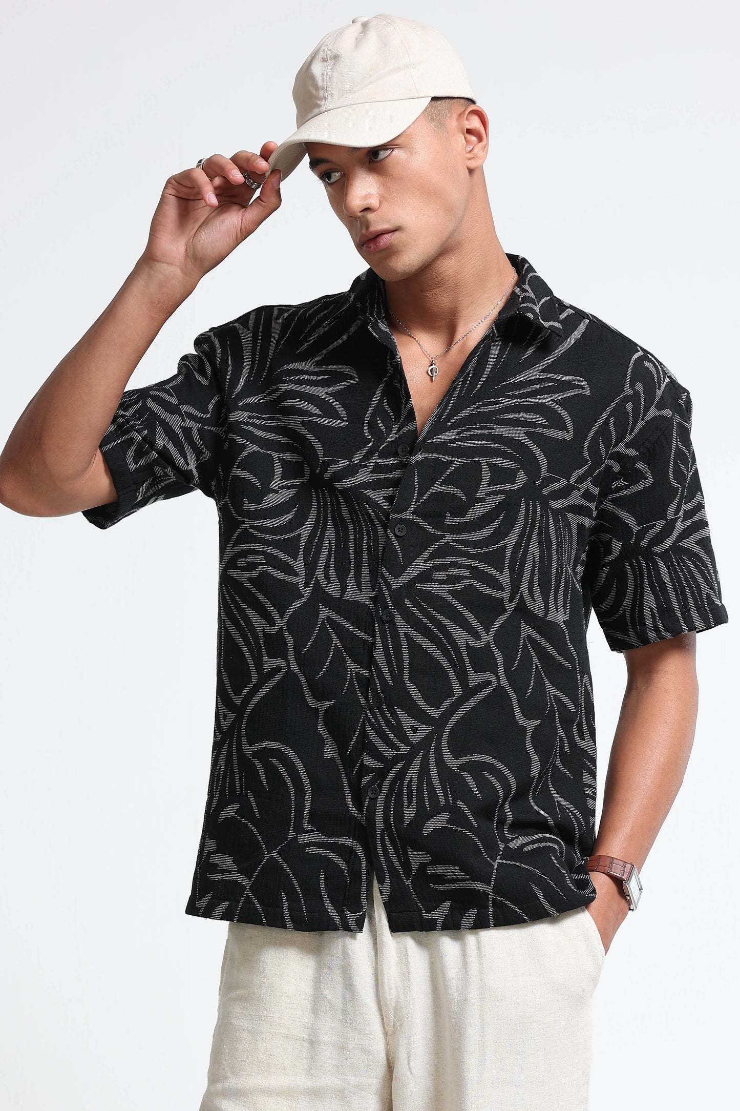 Black White Jacquard Boxy Fit Shirt
