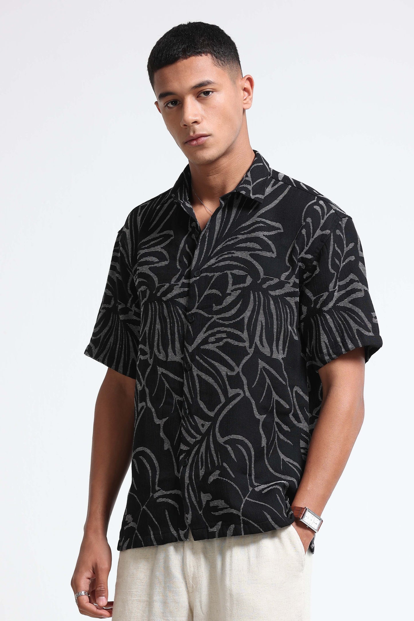 Black White Jacquard Boxy Fit Shirt