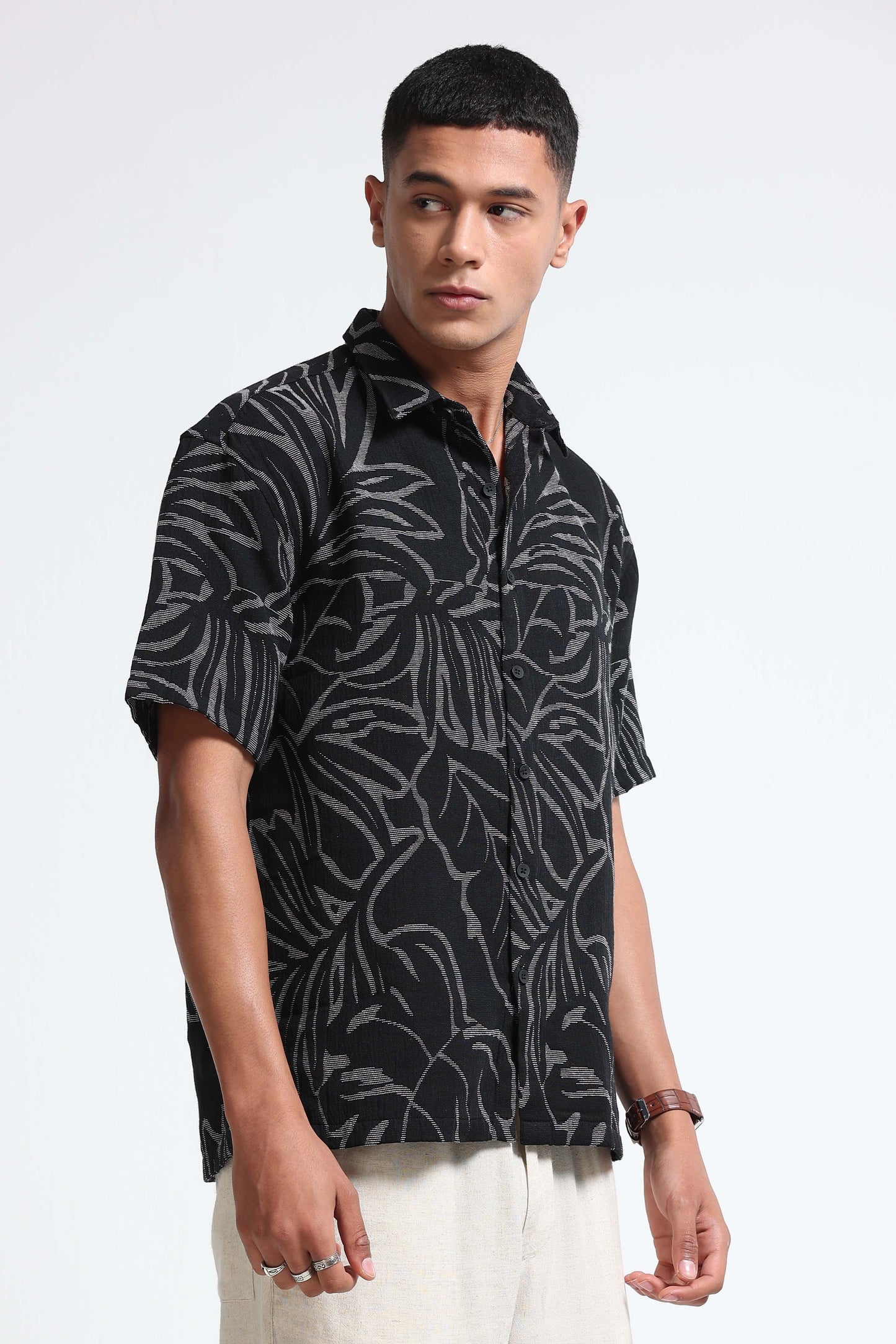 Black White Jacquard Boxy Fit Shirt