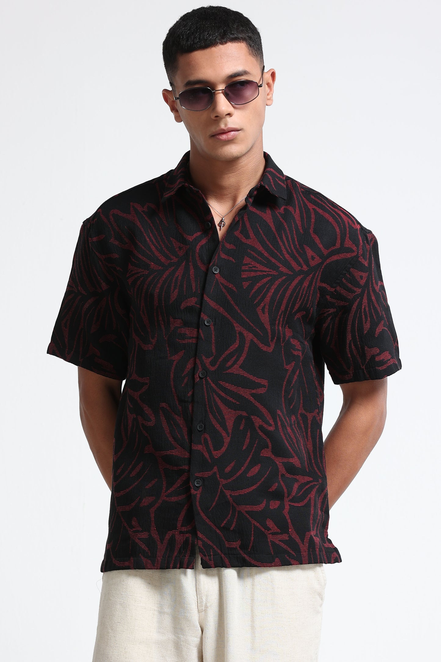 Red Black Jacquard Boxy Fit Shirt
