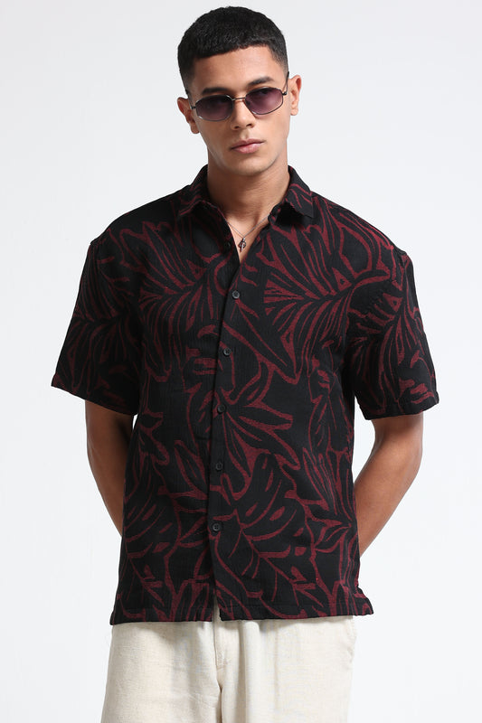 Red Black Jacquard Boxy Fit Shirt
