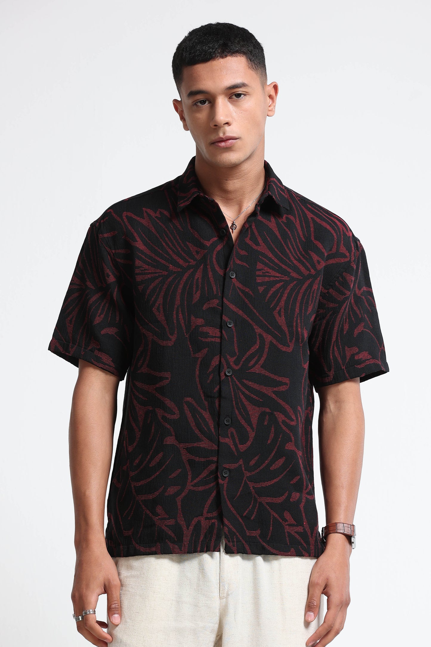 Red Black Jacquard Boxy Fit Shirt