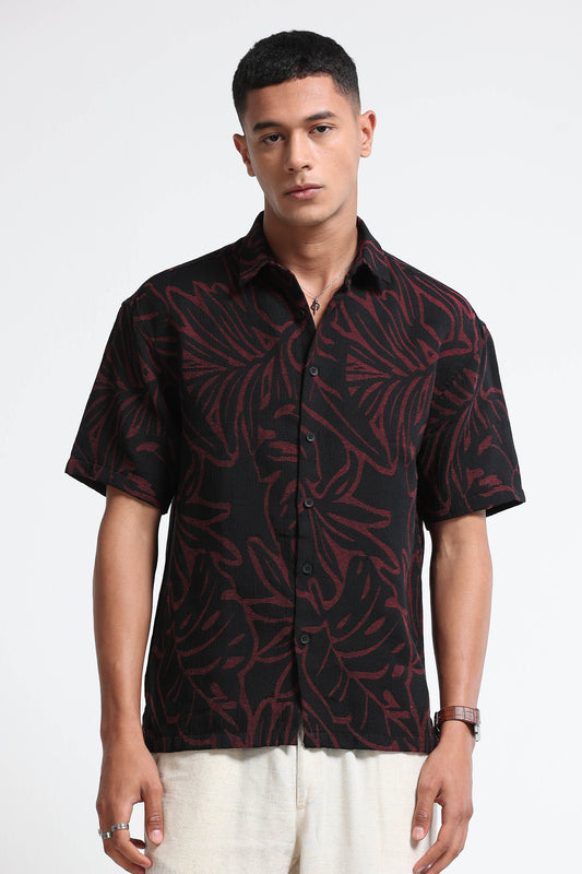 Red Black Jacquard Boxy Fit Shirt
