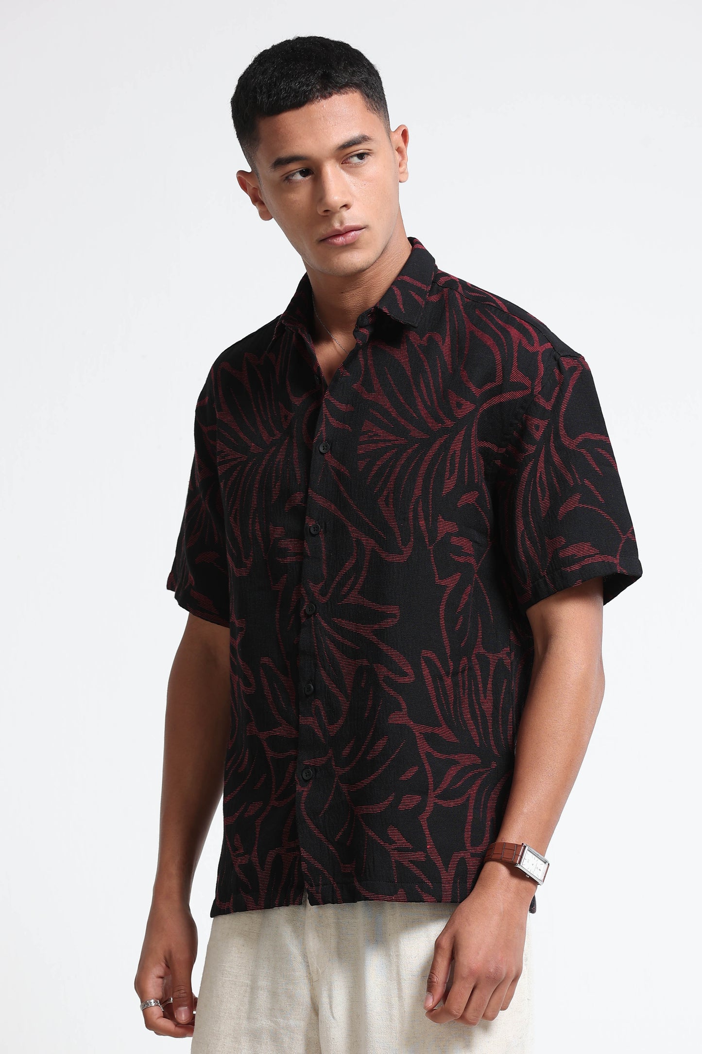 Red Black Jacquard Boxy Fit Shirt
