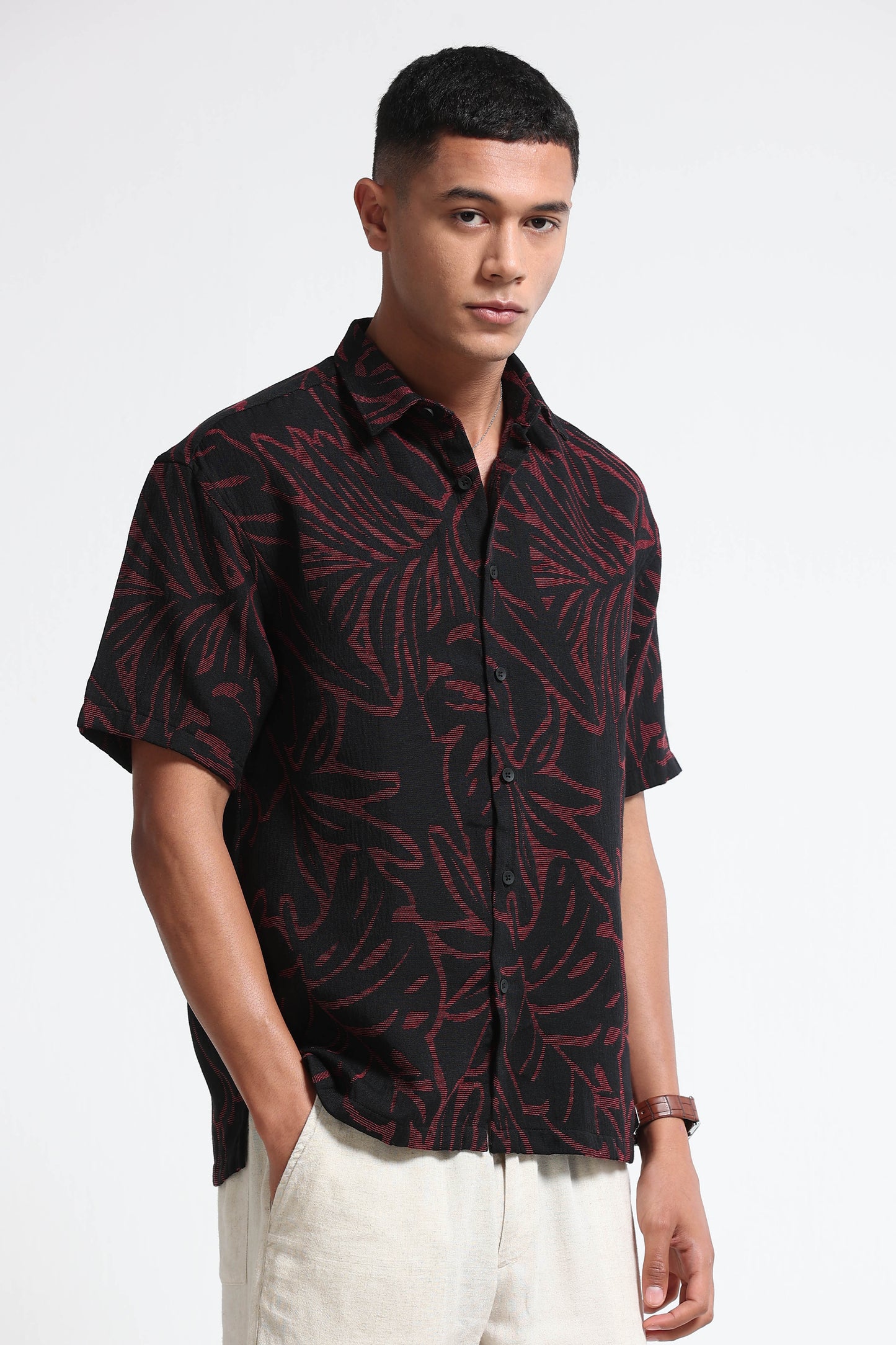 Red Black Jacquard Boxy Fit Shirt