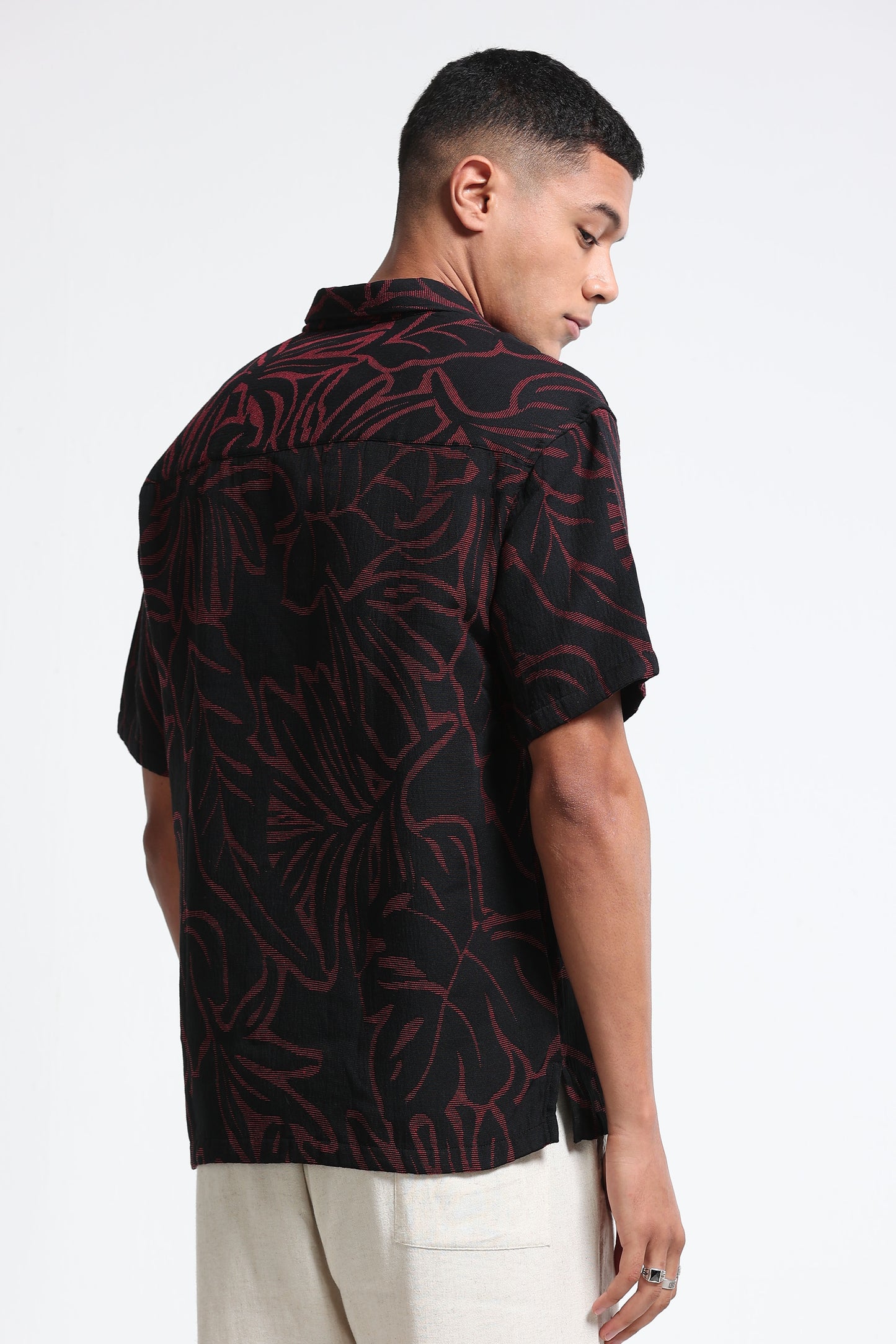 Red Black Jacquard Boxy Fit Shirt