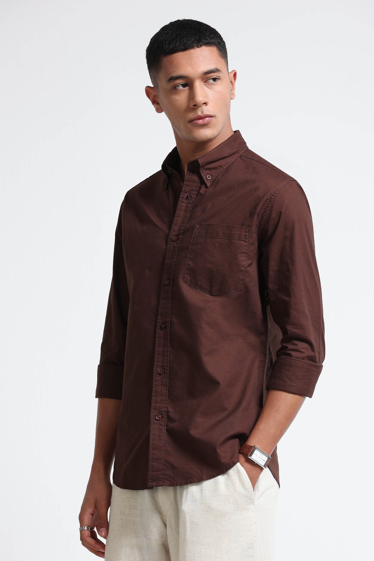 Cotton Oxford Solid Shirt Brown