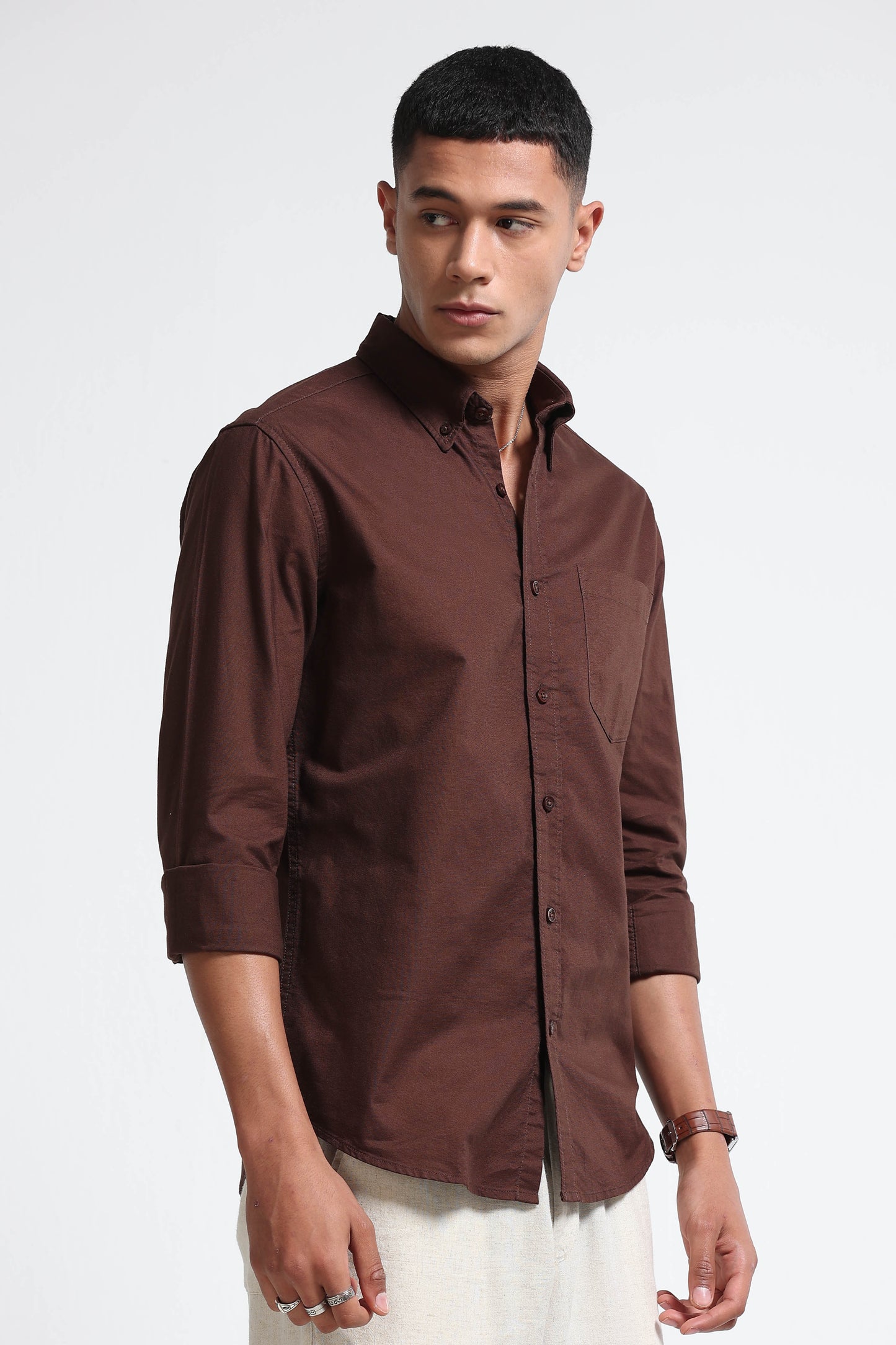 Cotton Oxford Solid Shirt Brown