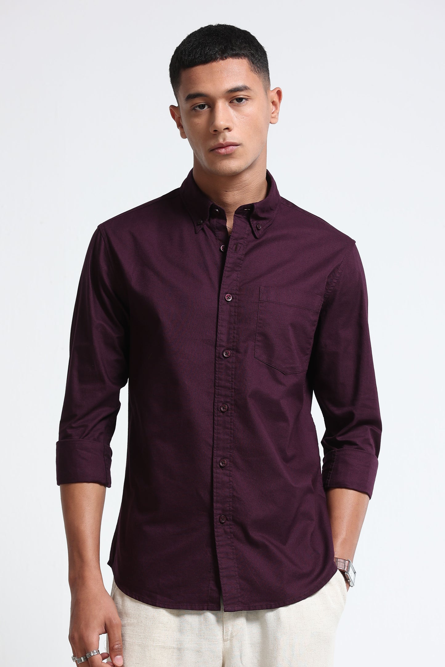 Cotton Oxford Solid Shirt Burgundy