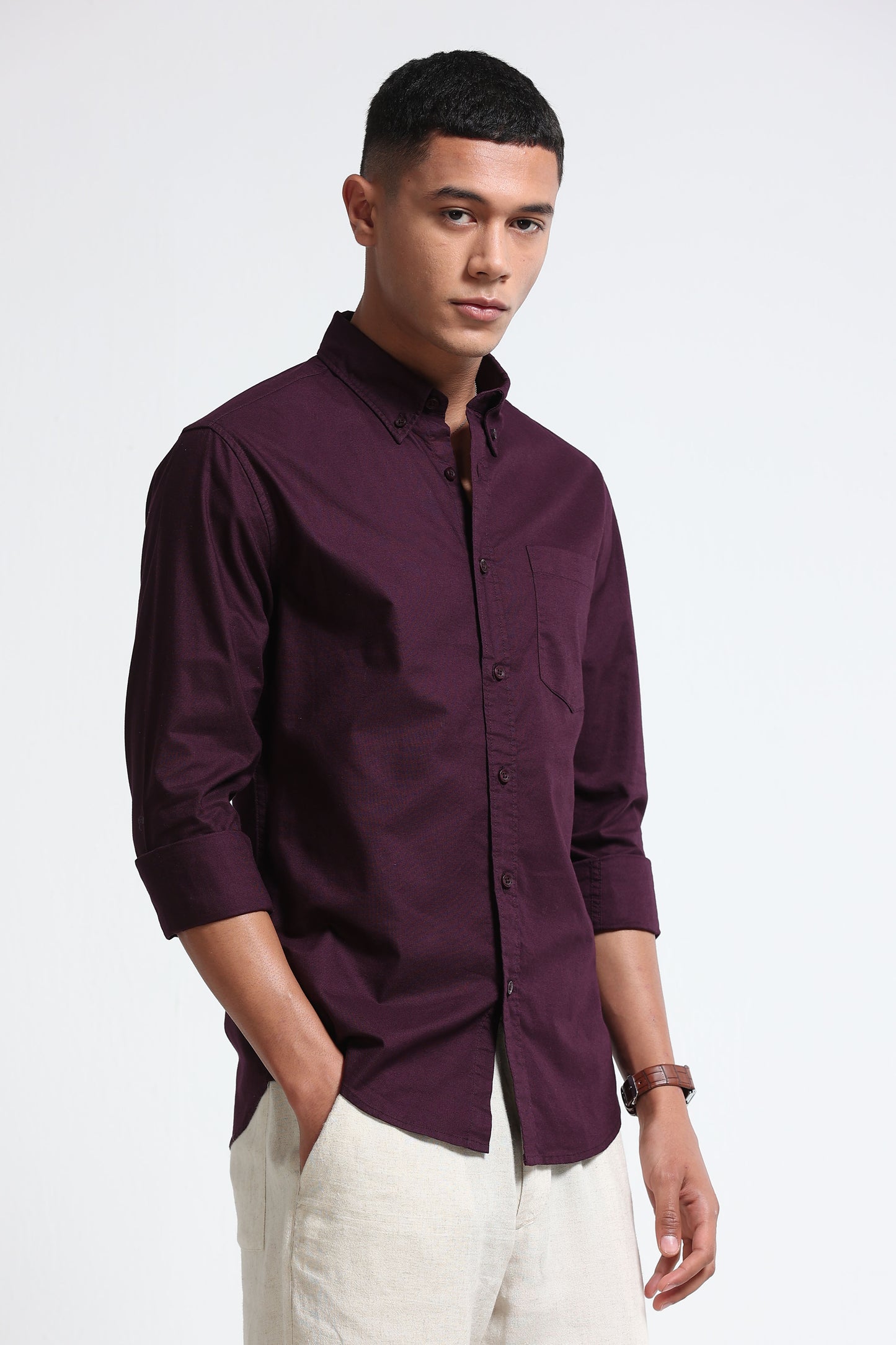 Cotton Oxford Solid Shirt Burgundy