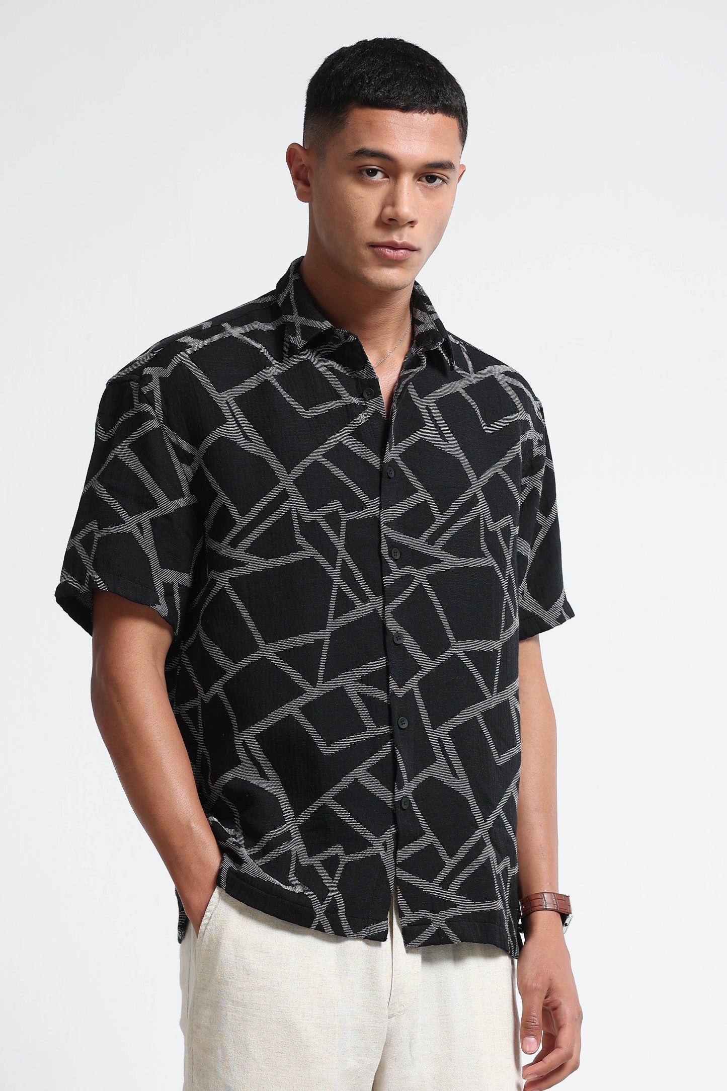 Off-White Black Jacquard Boxy Fit Shirt