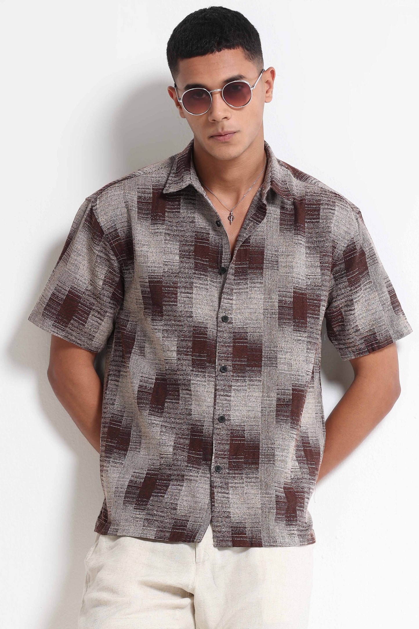 Maroon Cream Jacquard Boxy Fit Shirt