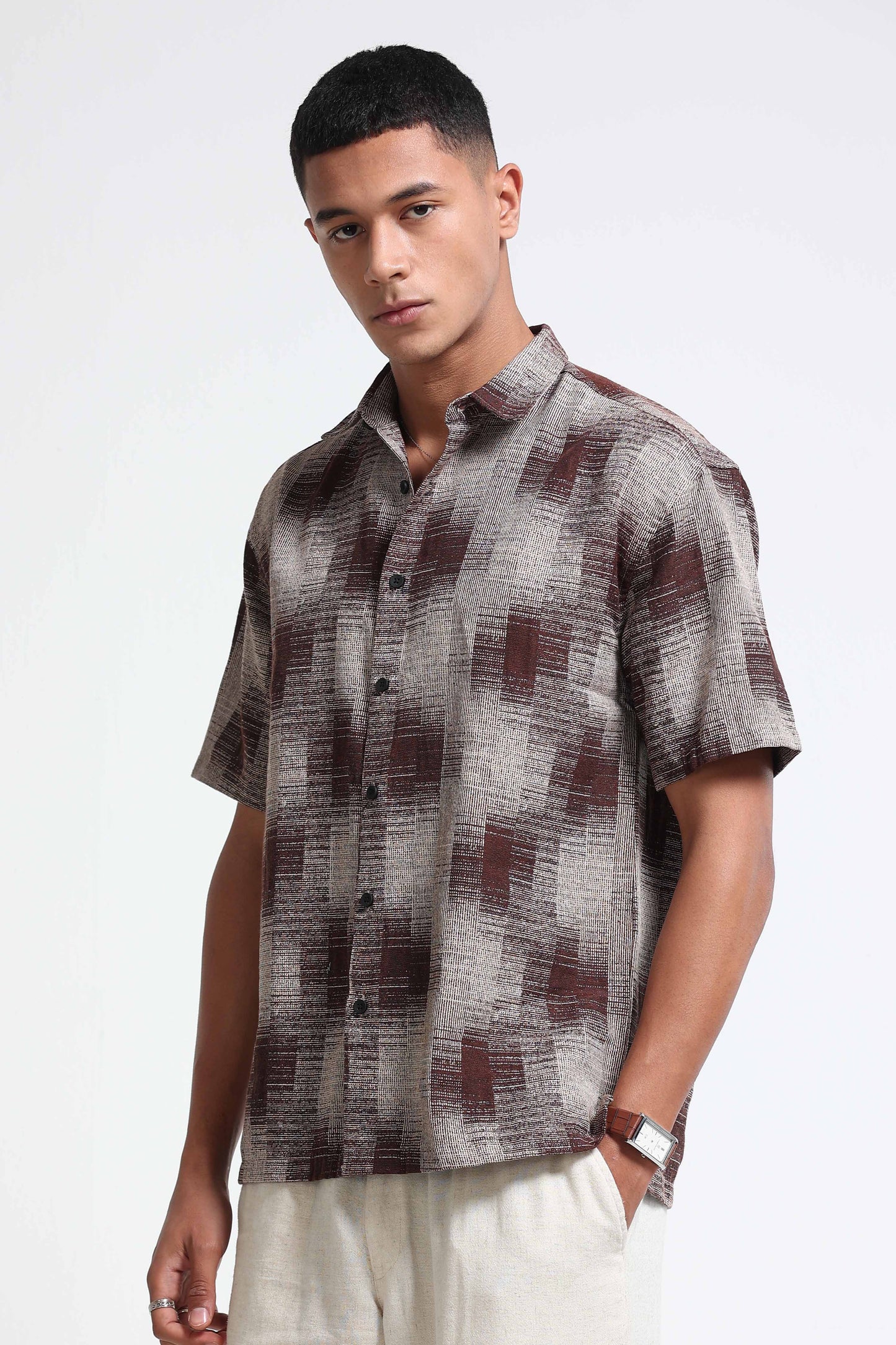Maroon Cream Jacquard Boxy Fit Shirt