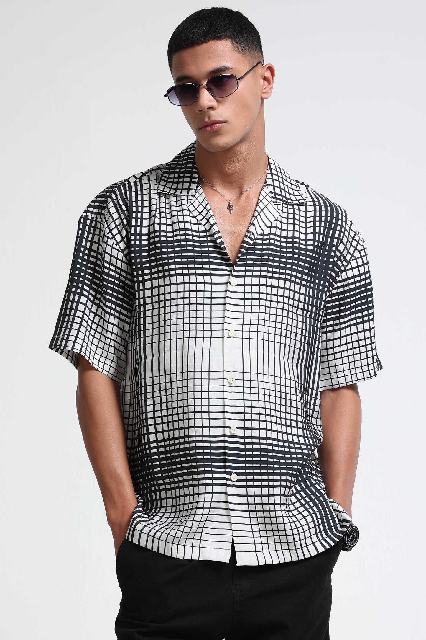 Oversized Panel Print Shirt Black White