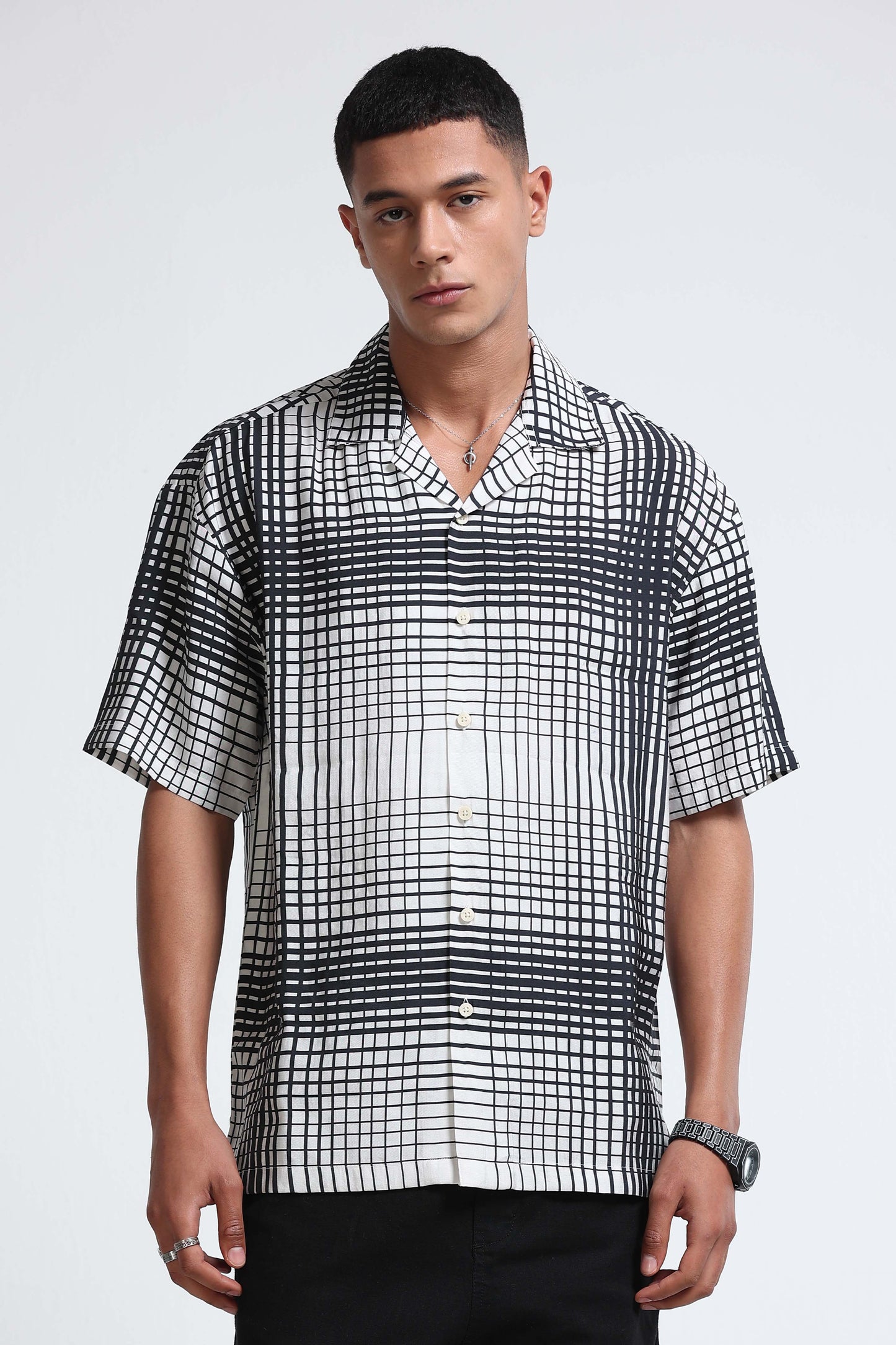 Oversized Panel Print Shirt Black White