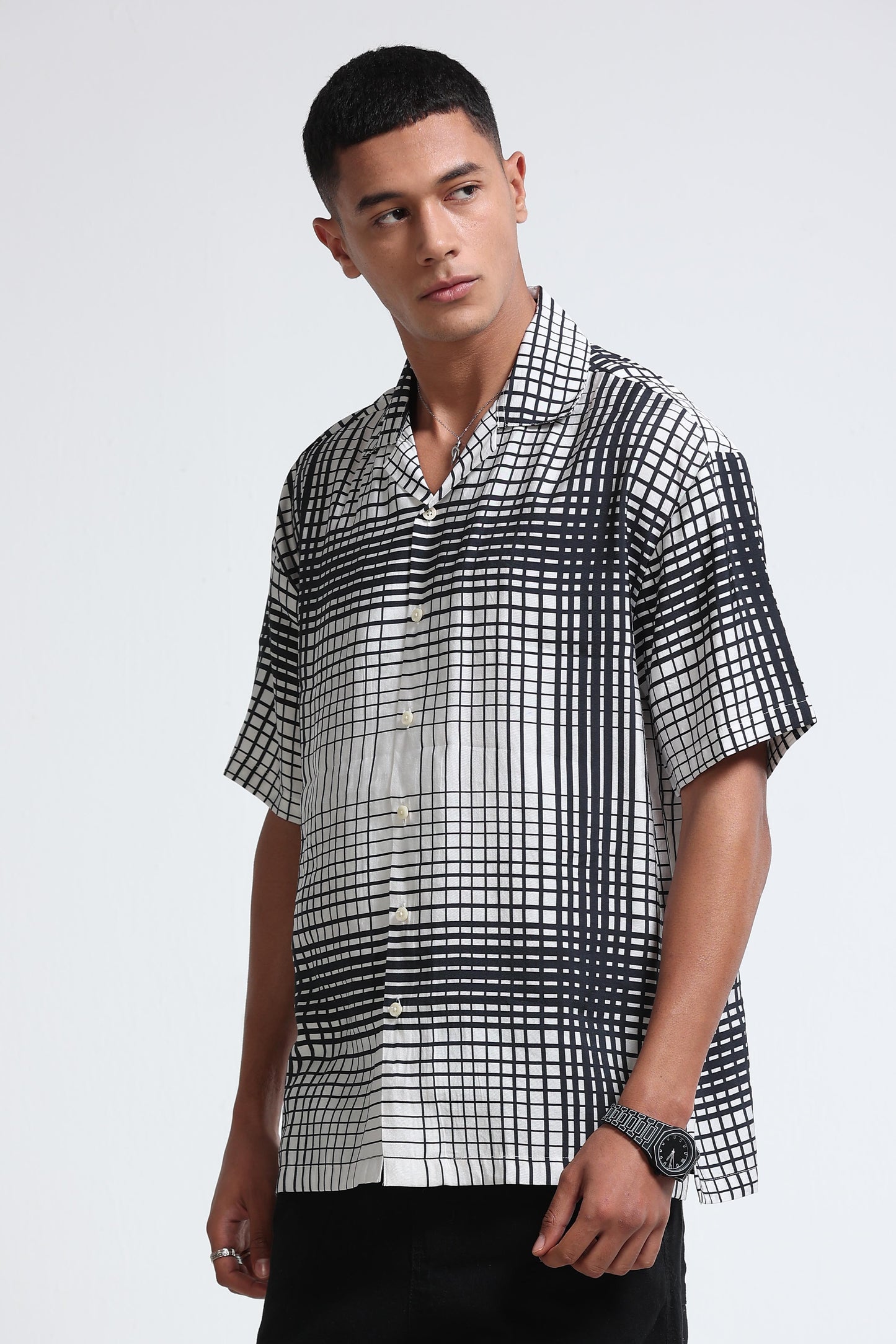 Oversized Panel Print Shirt Black White