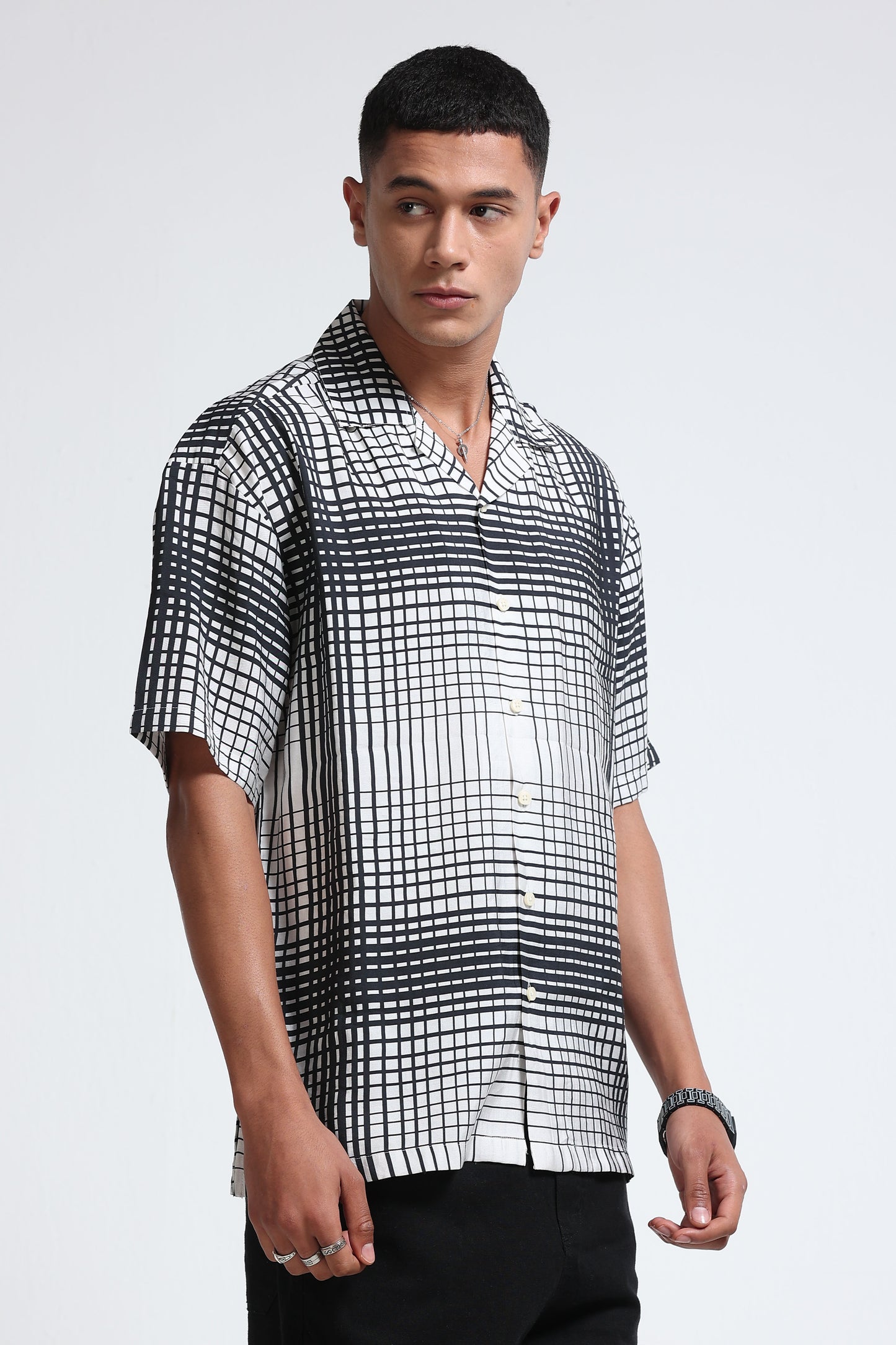 Oversized Panel Print Shirt Black White