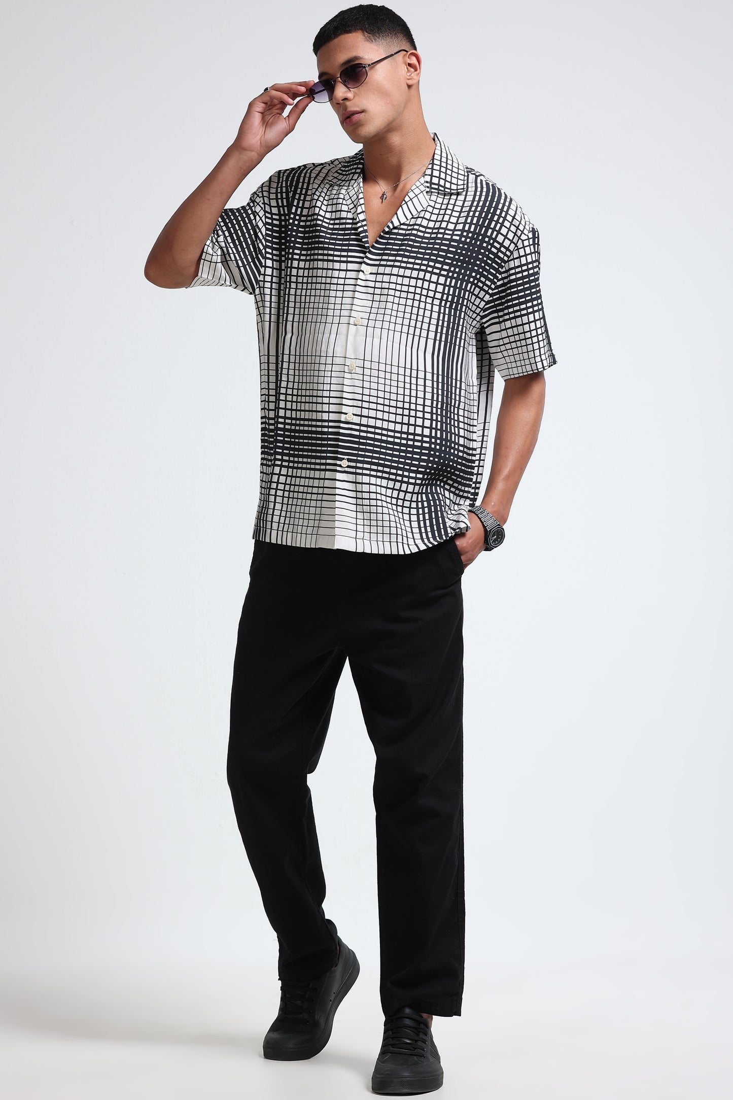 Oversized Panel Print Shirt Black White