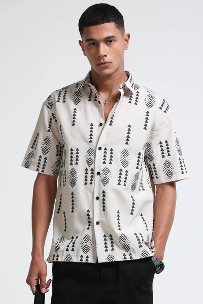 Cream Black Jacquard Boxy Fit Shirt