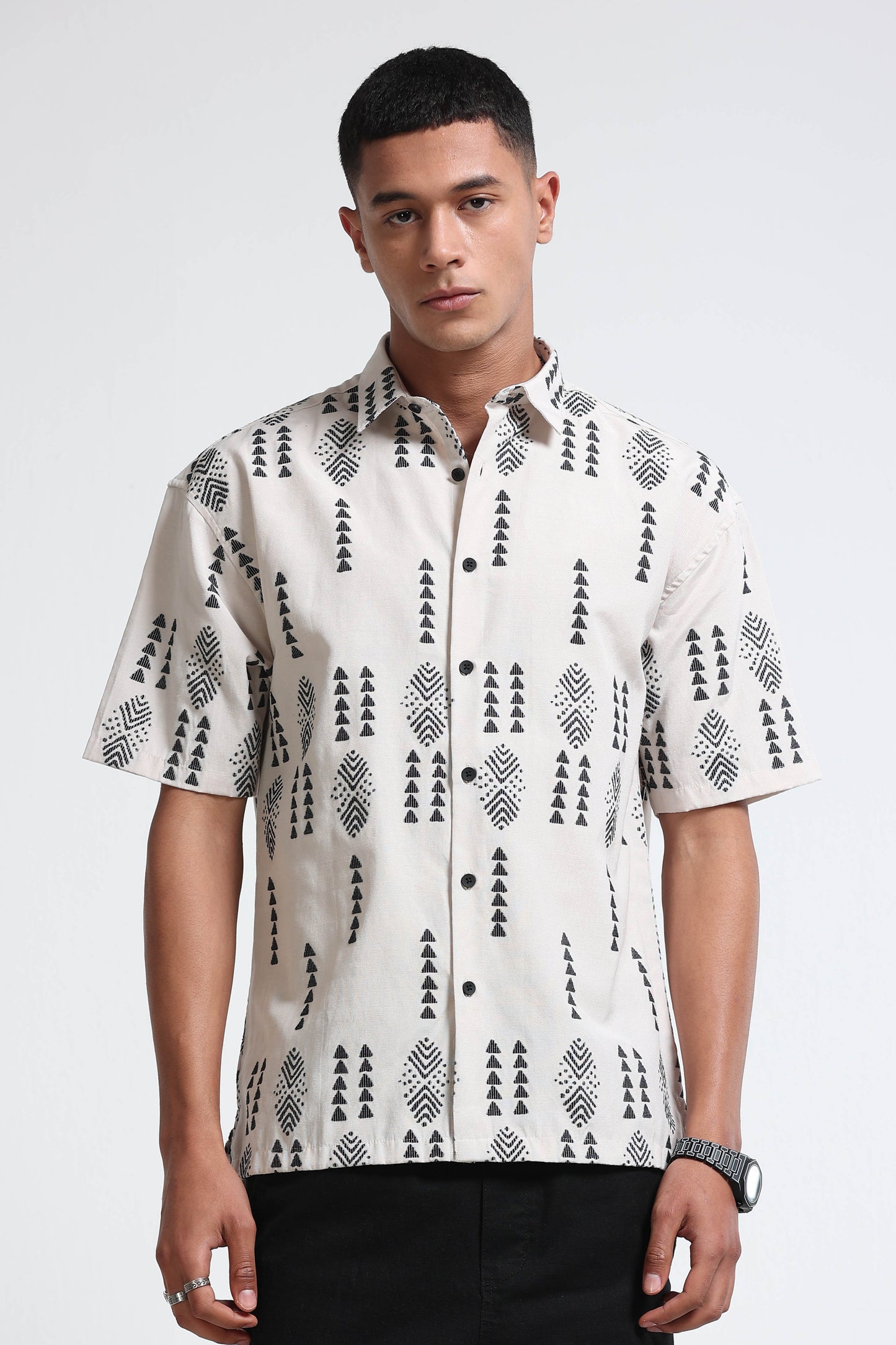 Cream Black Jacquard Boxy Fit Shirt