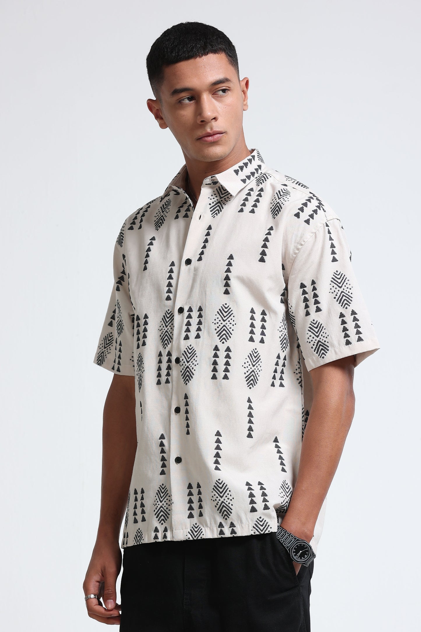 Cream Black Jacquard Boxy Fit Shirt