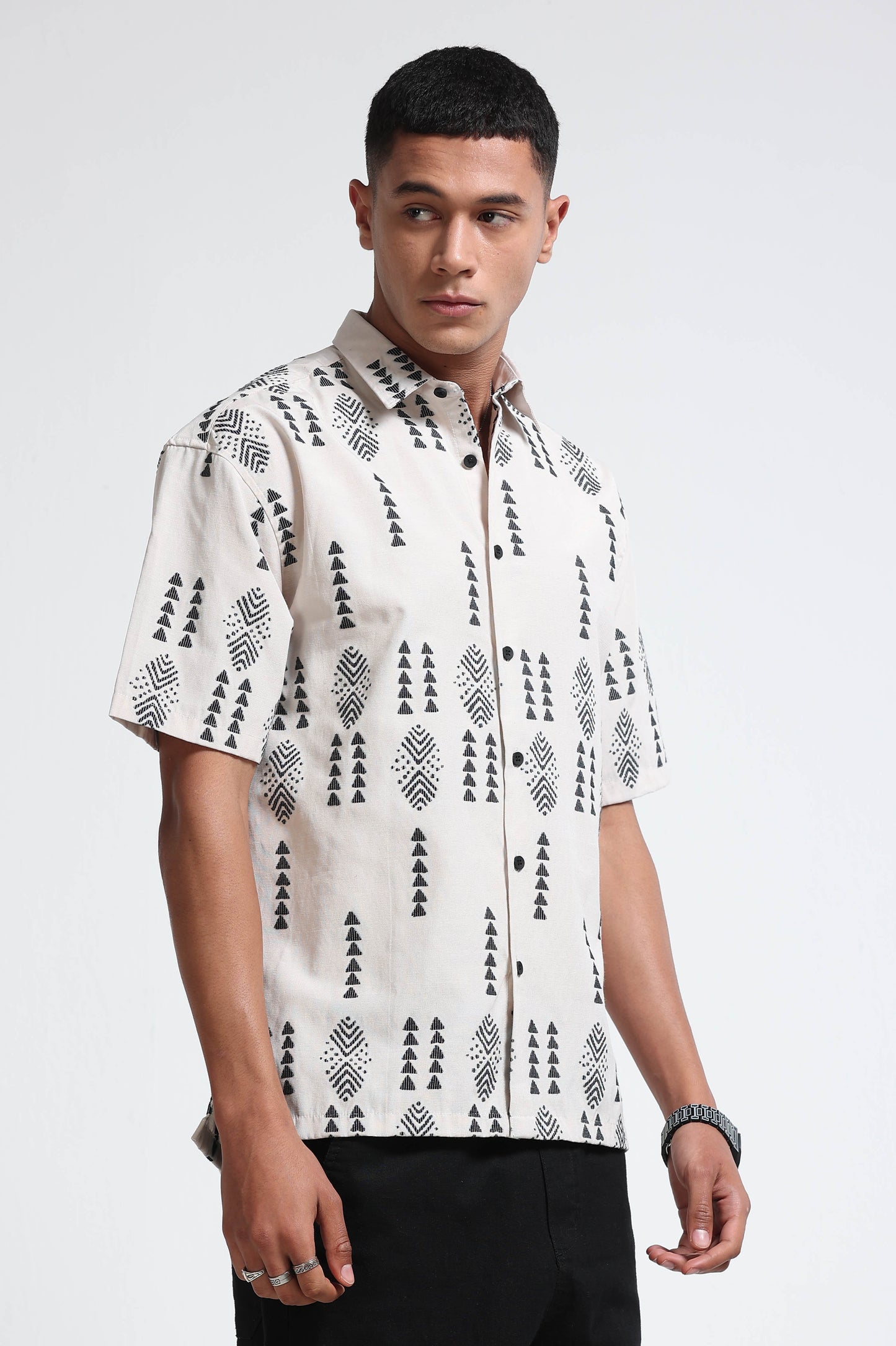 Cream Black Jacquard Boxy Fit Shirt