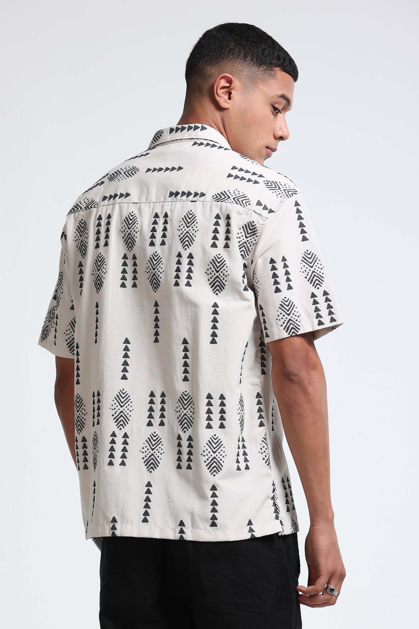 Cream Black Jacquard Boxy Fit Shirt