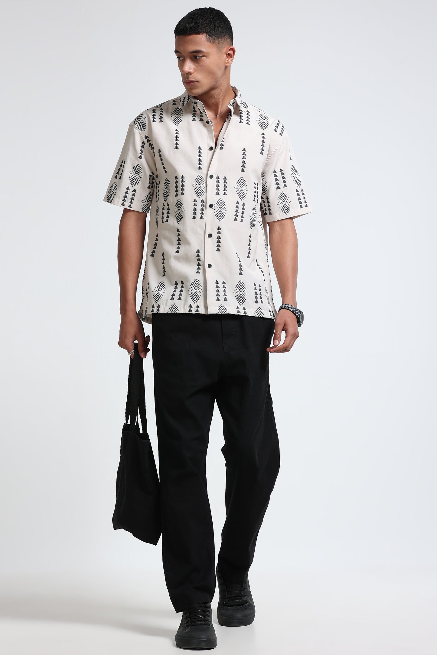 Cream Black Jacquard Boxy Fit Shirt