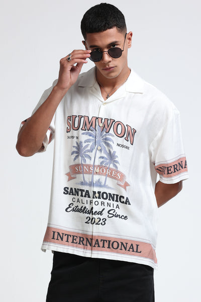 Oversized Panel Print Shirt White Brown