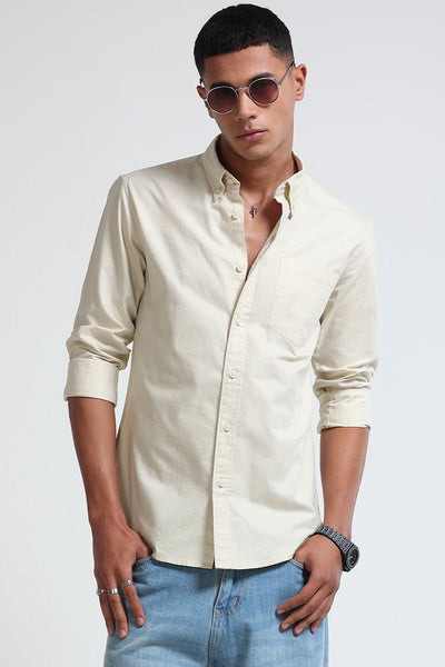 Cream Cotton Oxford Shirt - Slim Fit