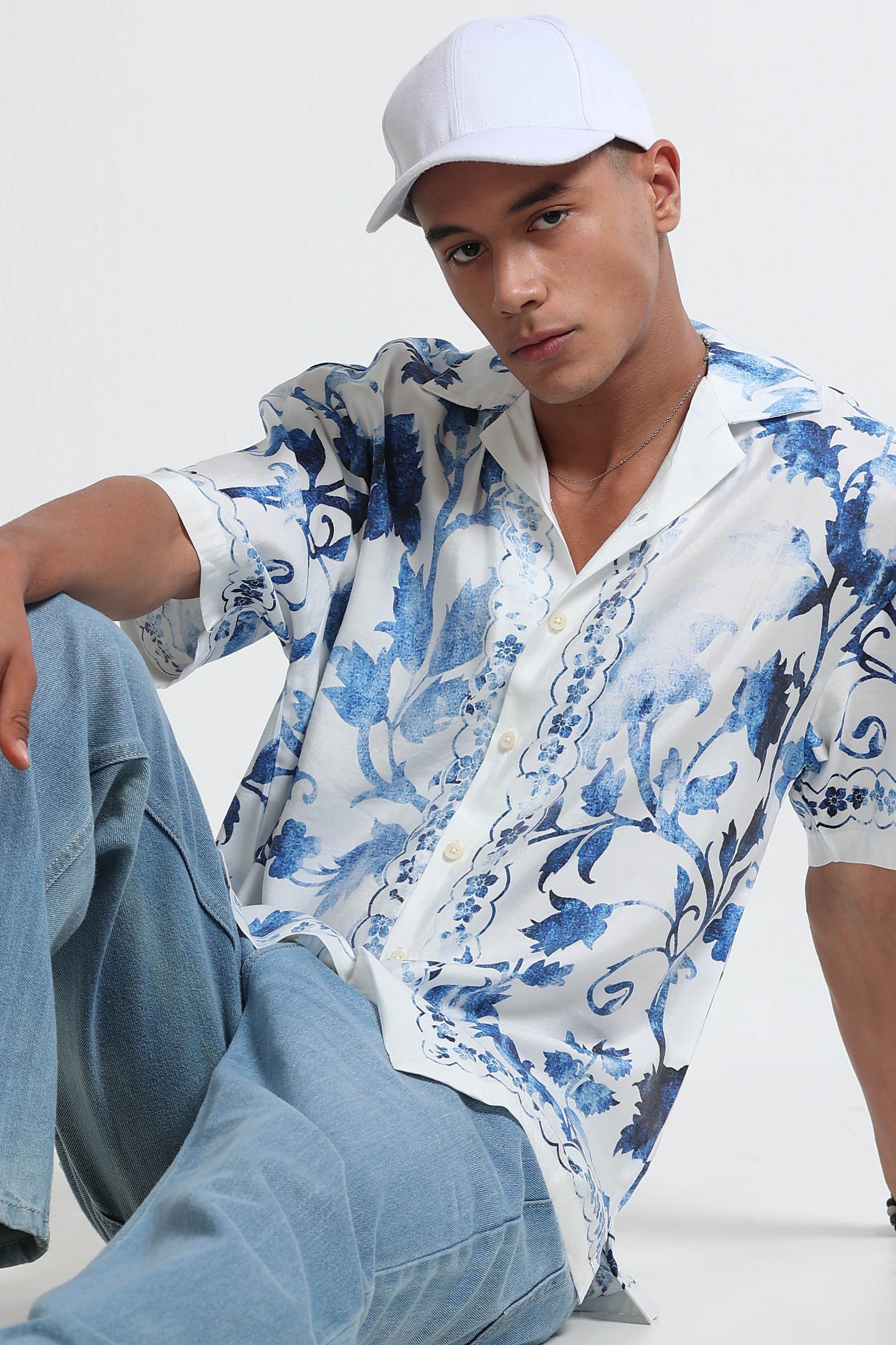 Oversized Panel Print Shirt Blue White