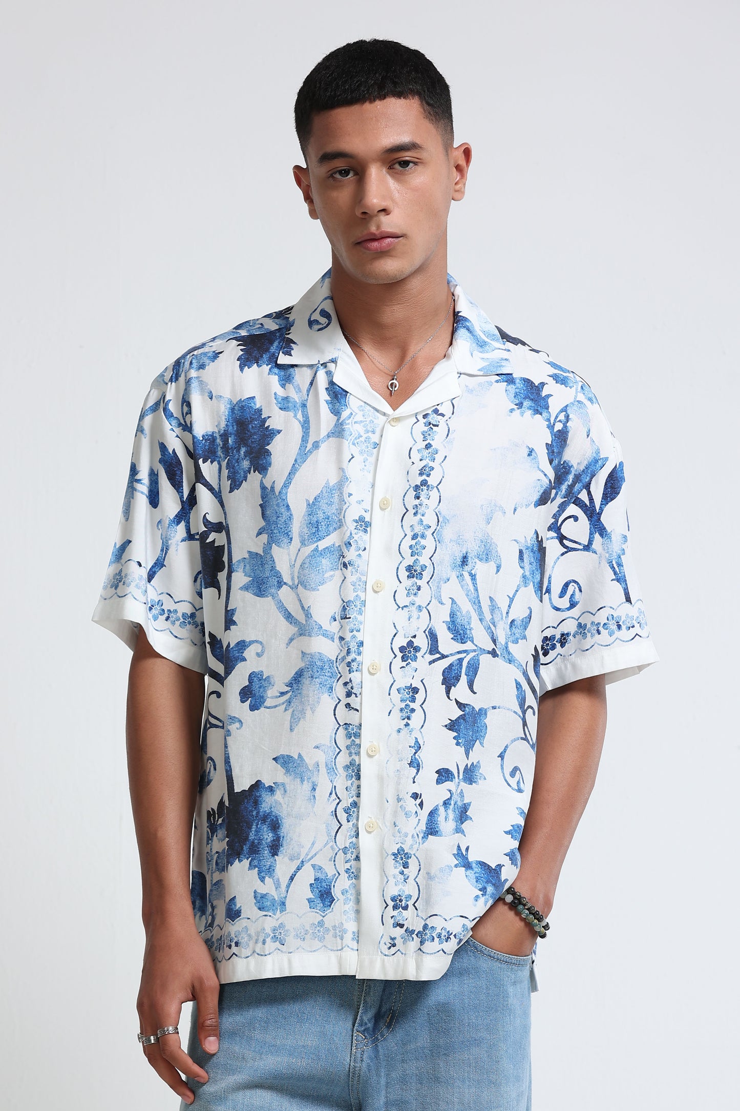 Oversized Panel Print Shirt Blue White