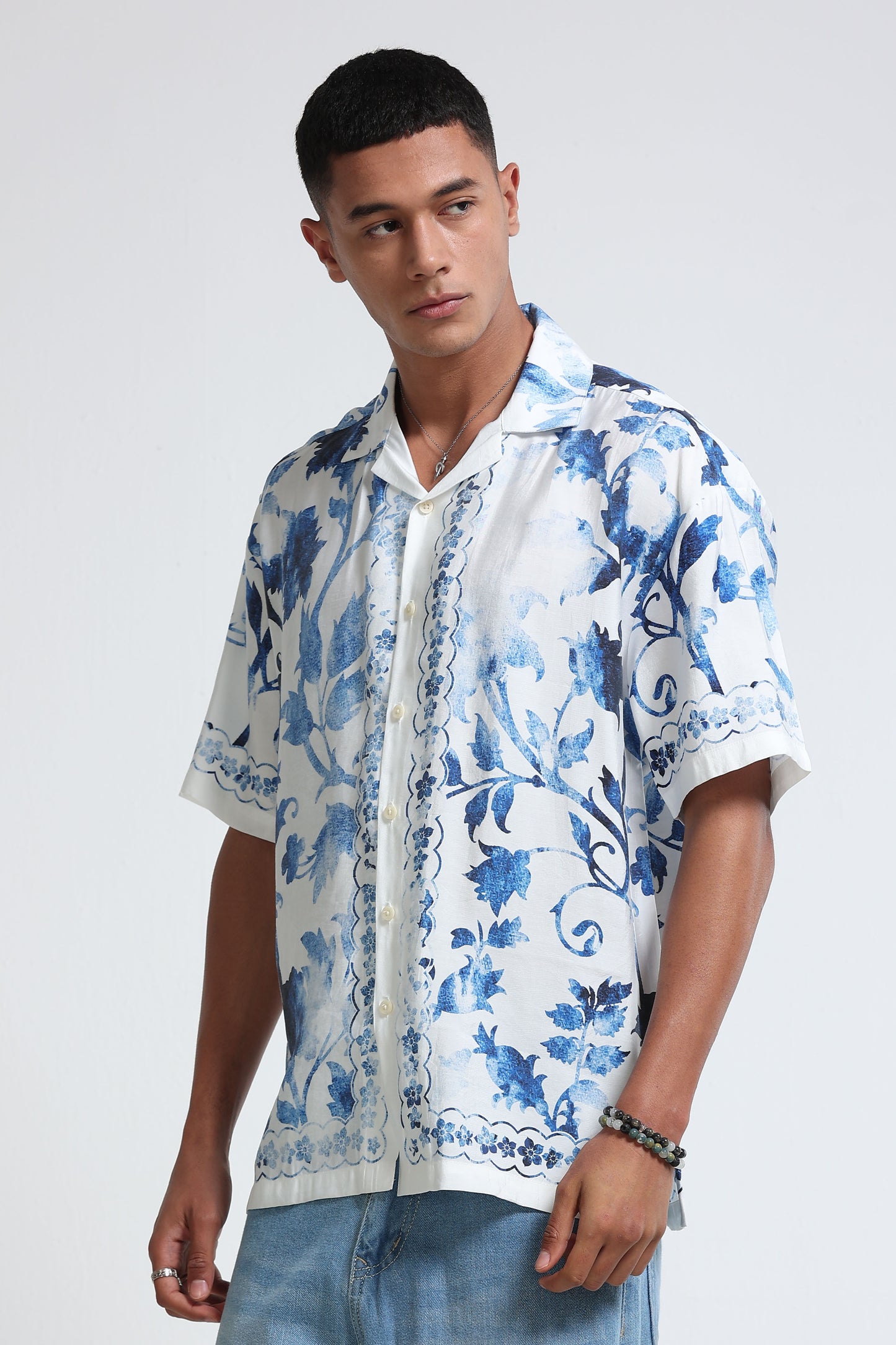 Oversized Panel Print Shirt Blue White