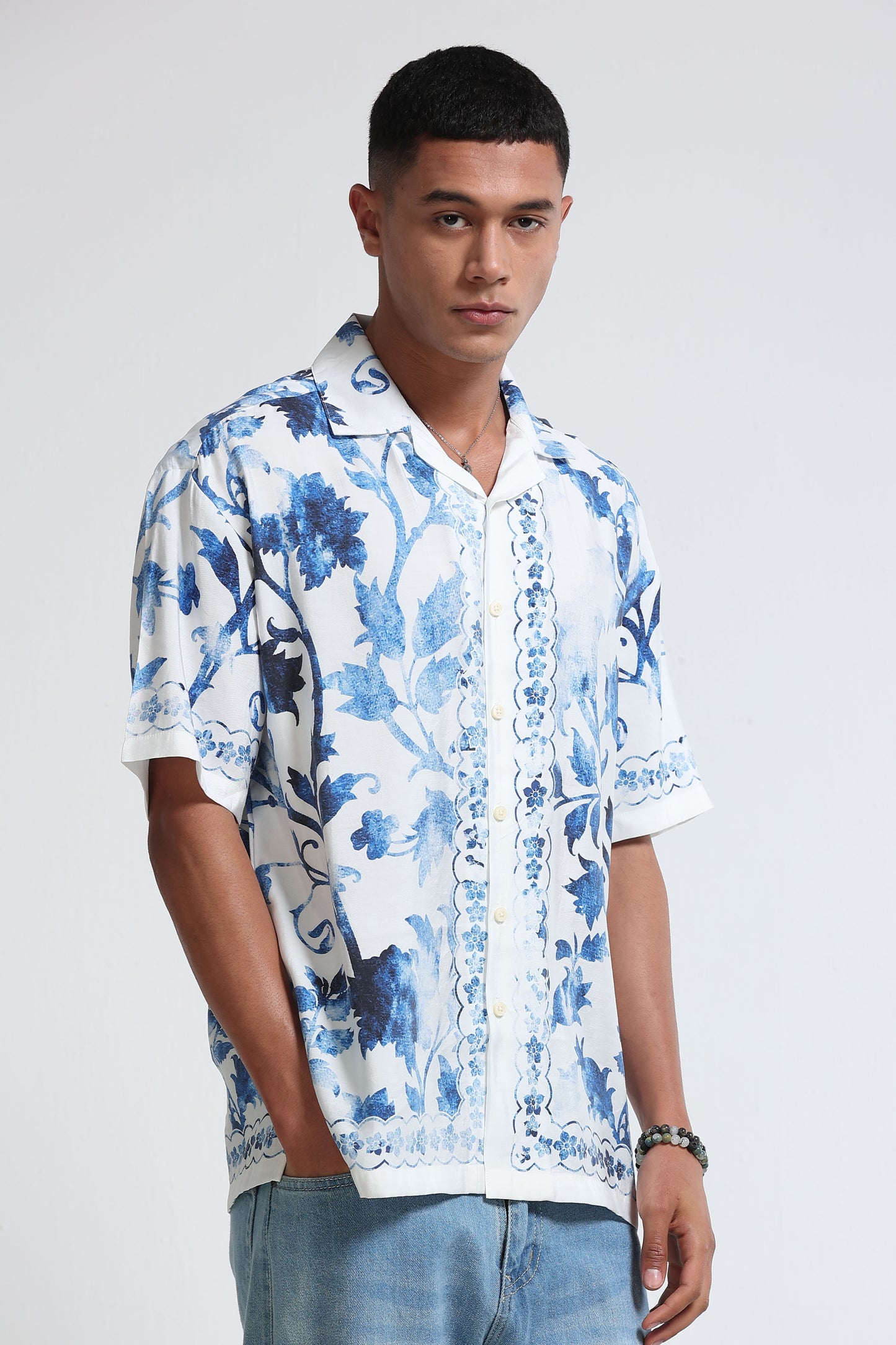 Oversized Panel Print Shirt Blue White