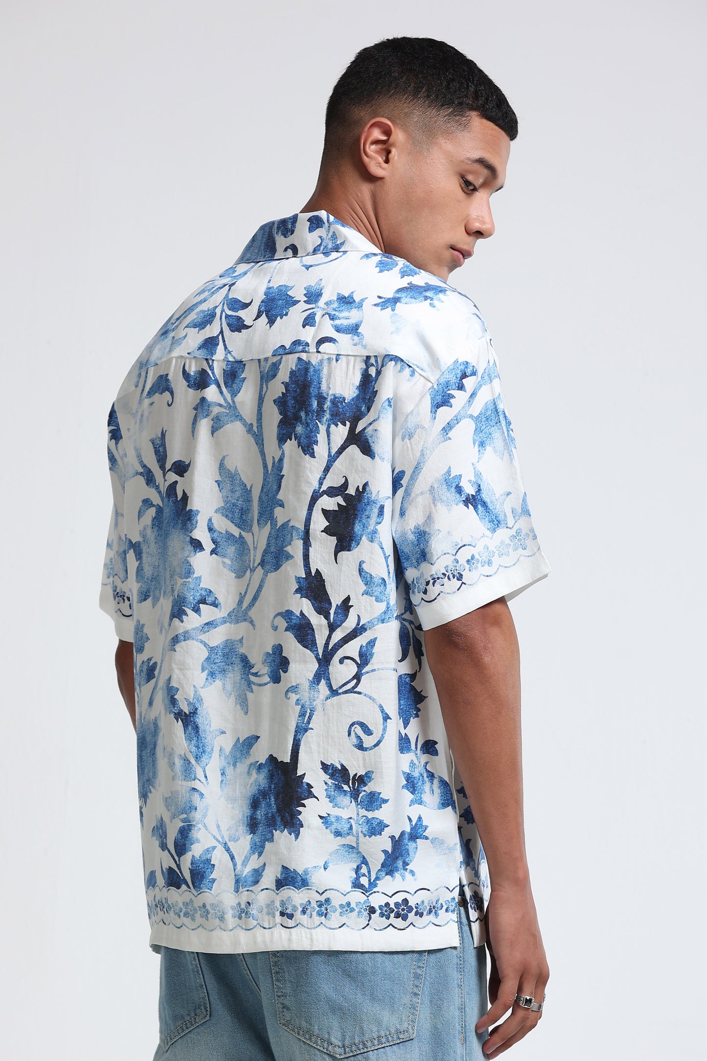 Oversized Panel Print Shirt Blue White