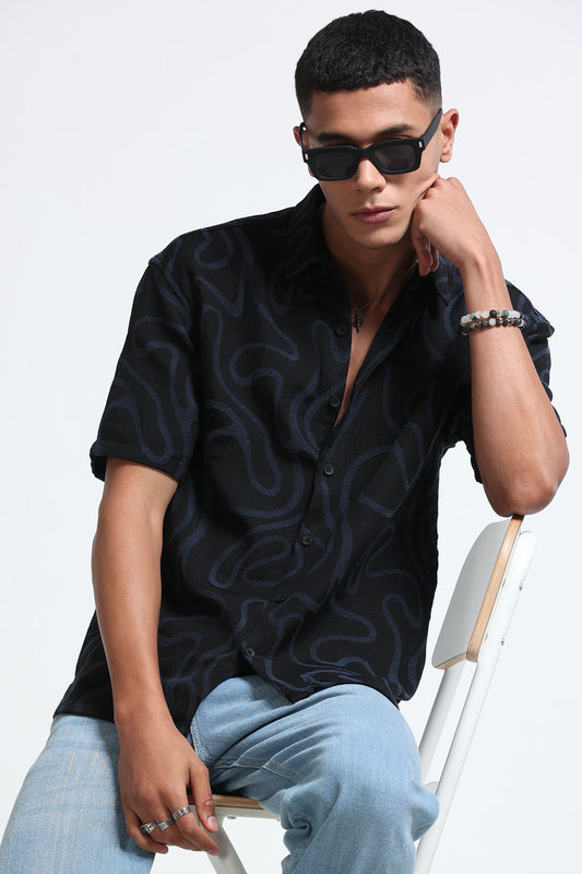 Black Blue Jacquard Boxy Fit Shirt