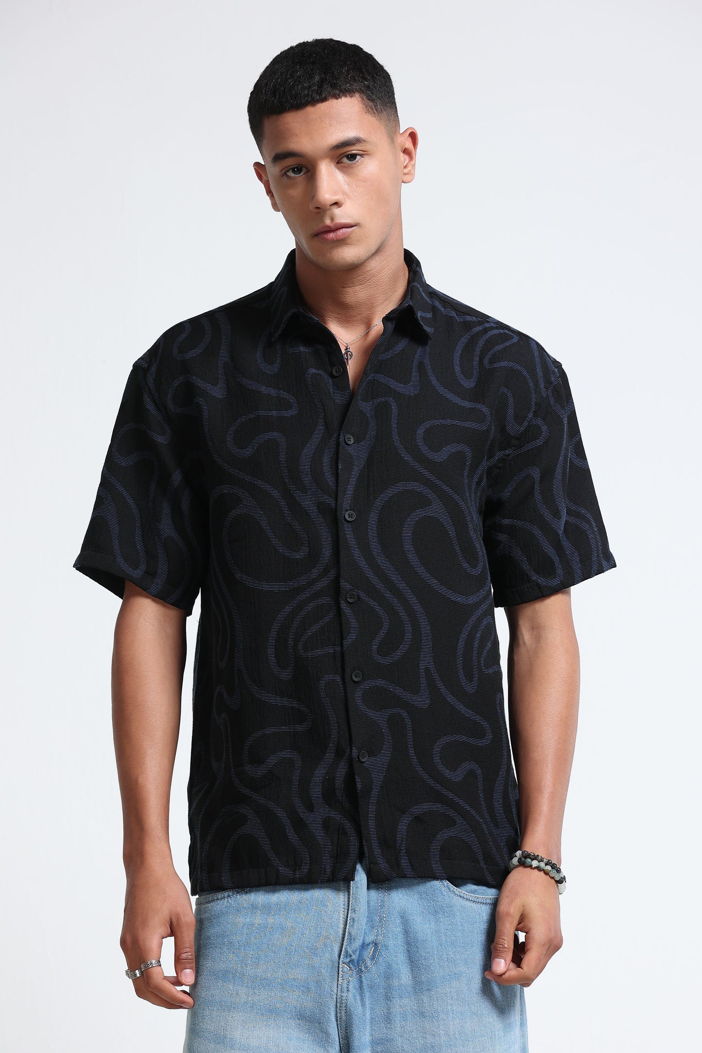 Black Blue Jacquard Boxy Fit Shirt