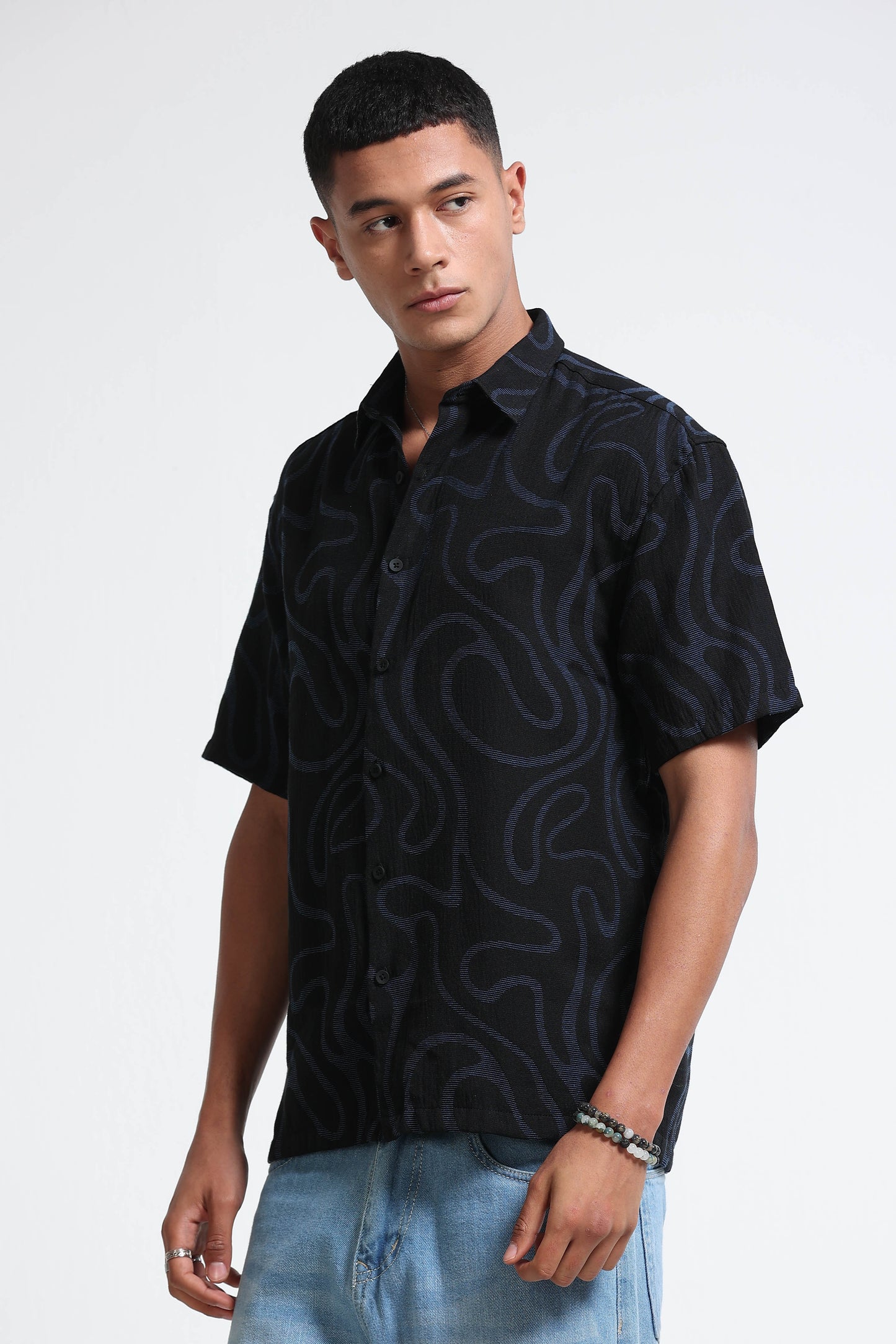Black Blue Jacquard Boxy Fit Shirt