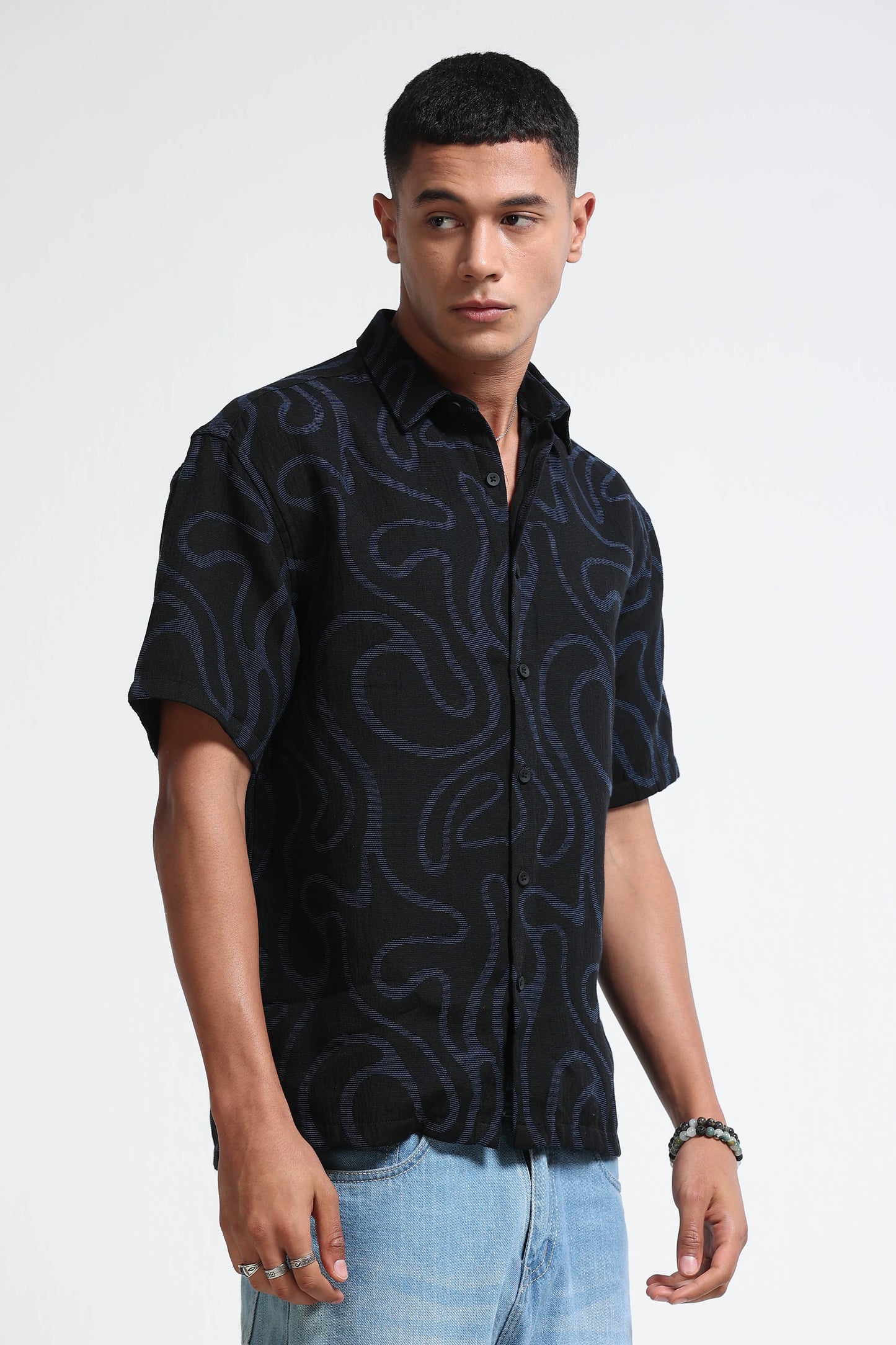 Black Blue Jacquard Boxy Fit Shirt