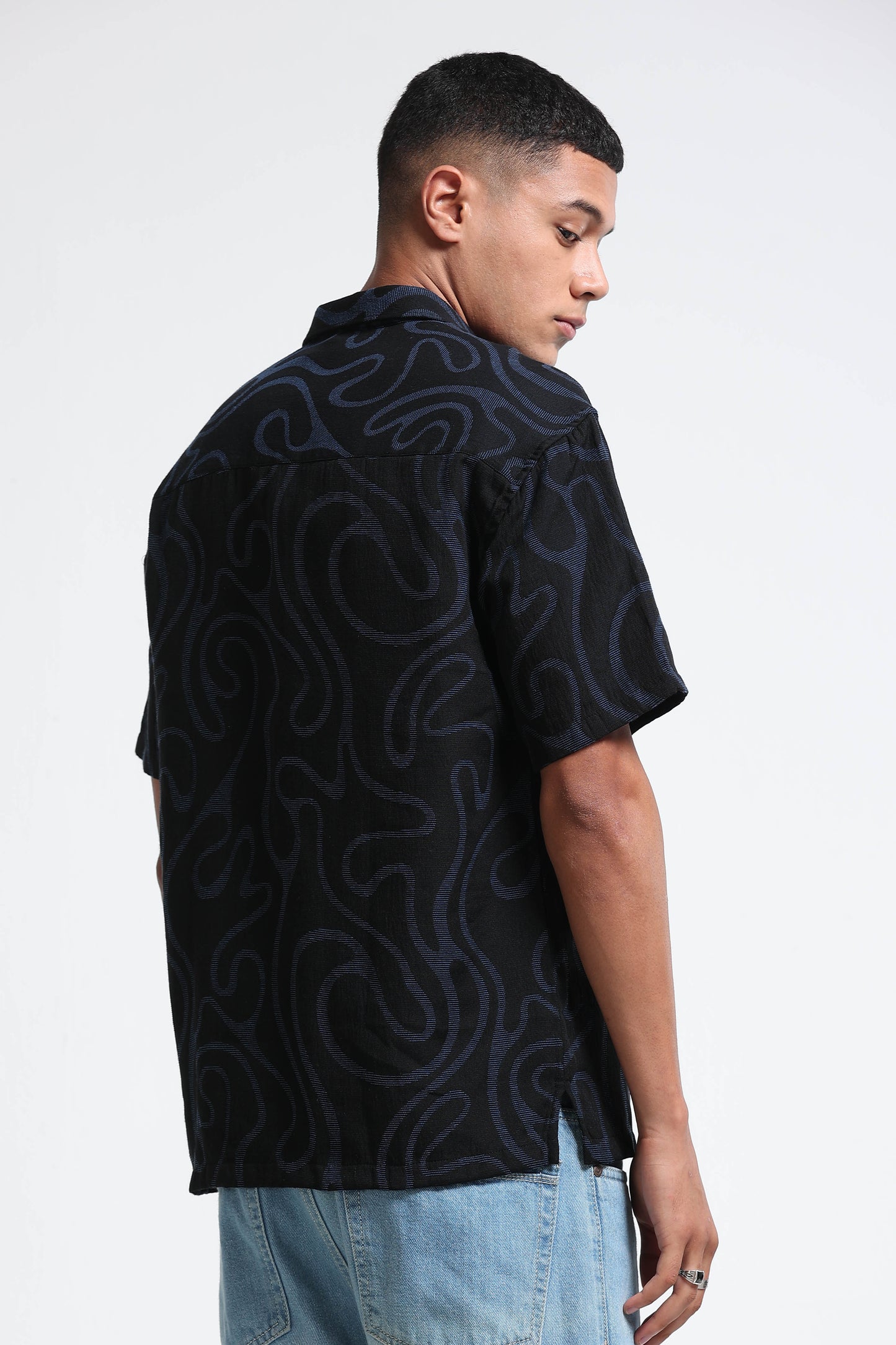 Black Blue Jacquard Boxy Fit Shirt