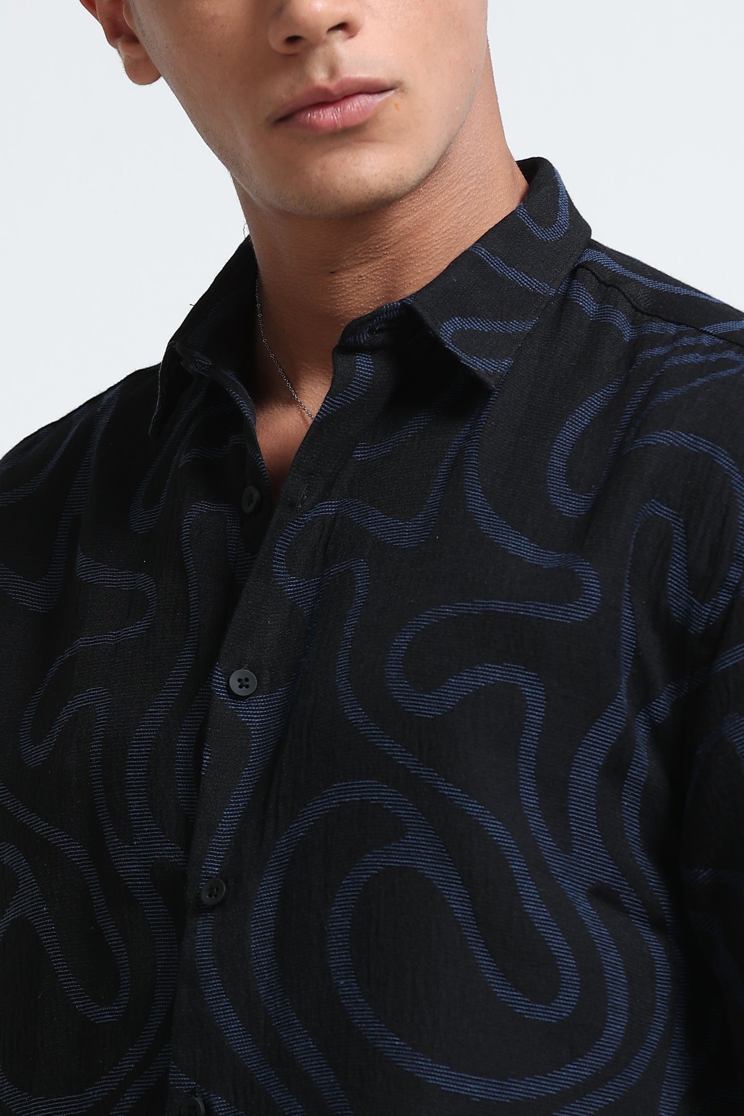 Black Blue Jacquard Boxy Fit Shirt