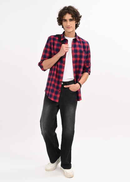 Indigo-Dyed 100% Cotton Check Shirt Maroon