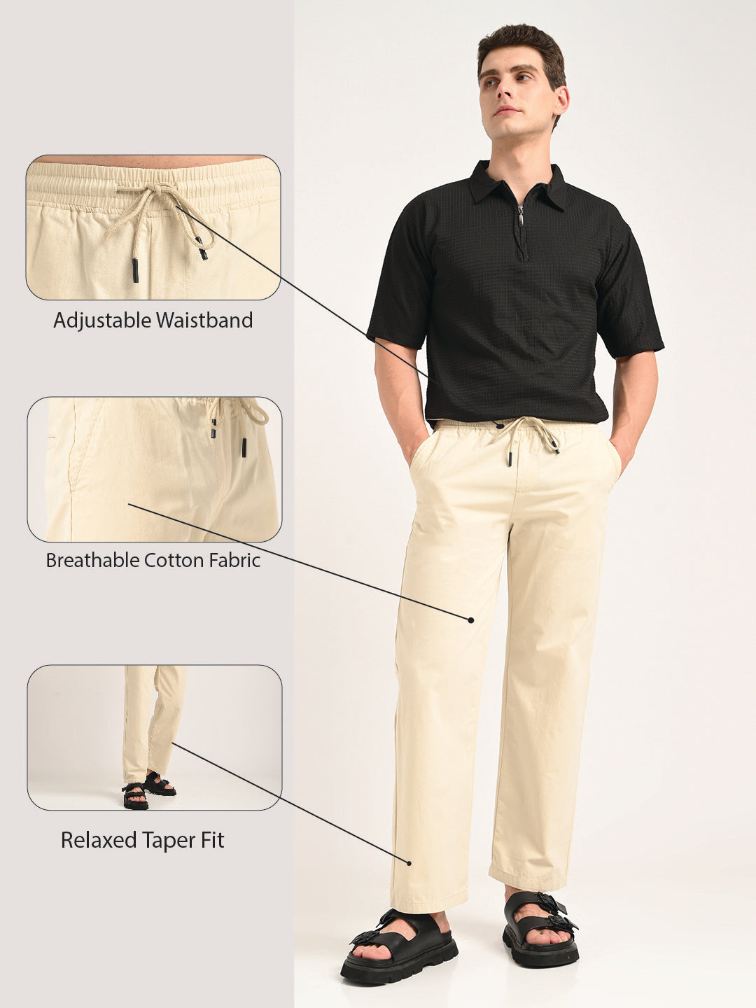 Cotton Style Trousers with Drawcord Cream