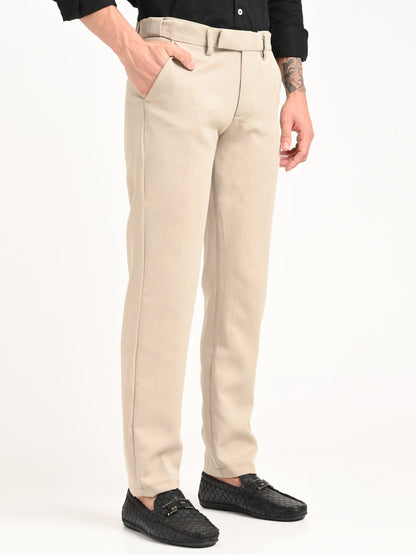 Textured Polyester Trousers Beige