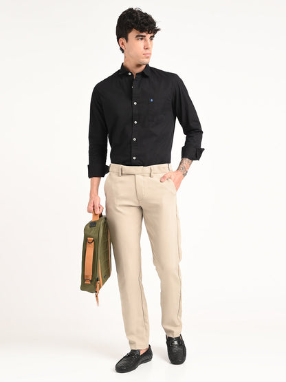 Textured Polyester Trousers Beige