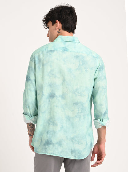 Digital Print Linen Blend Shirt Sky blue